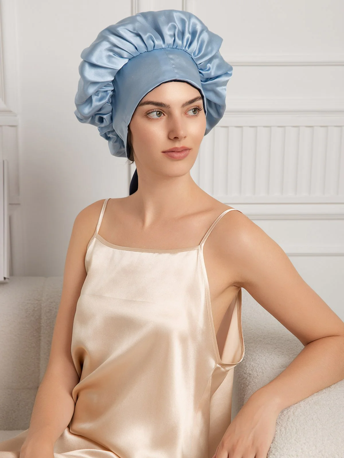 Bonnet de nuit décontracté en soie pure avec longues rubans(Bicolore et réversible) - Image 22