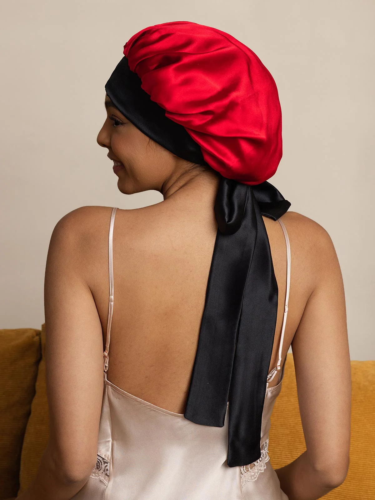 Bonnet de nuit décontracté en soie pure avec longues rubans(Bicolore et réversible) - Image 23