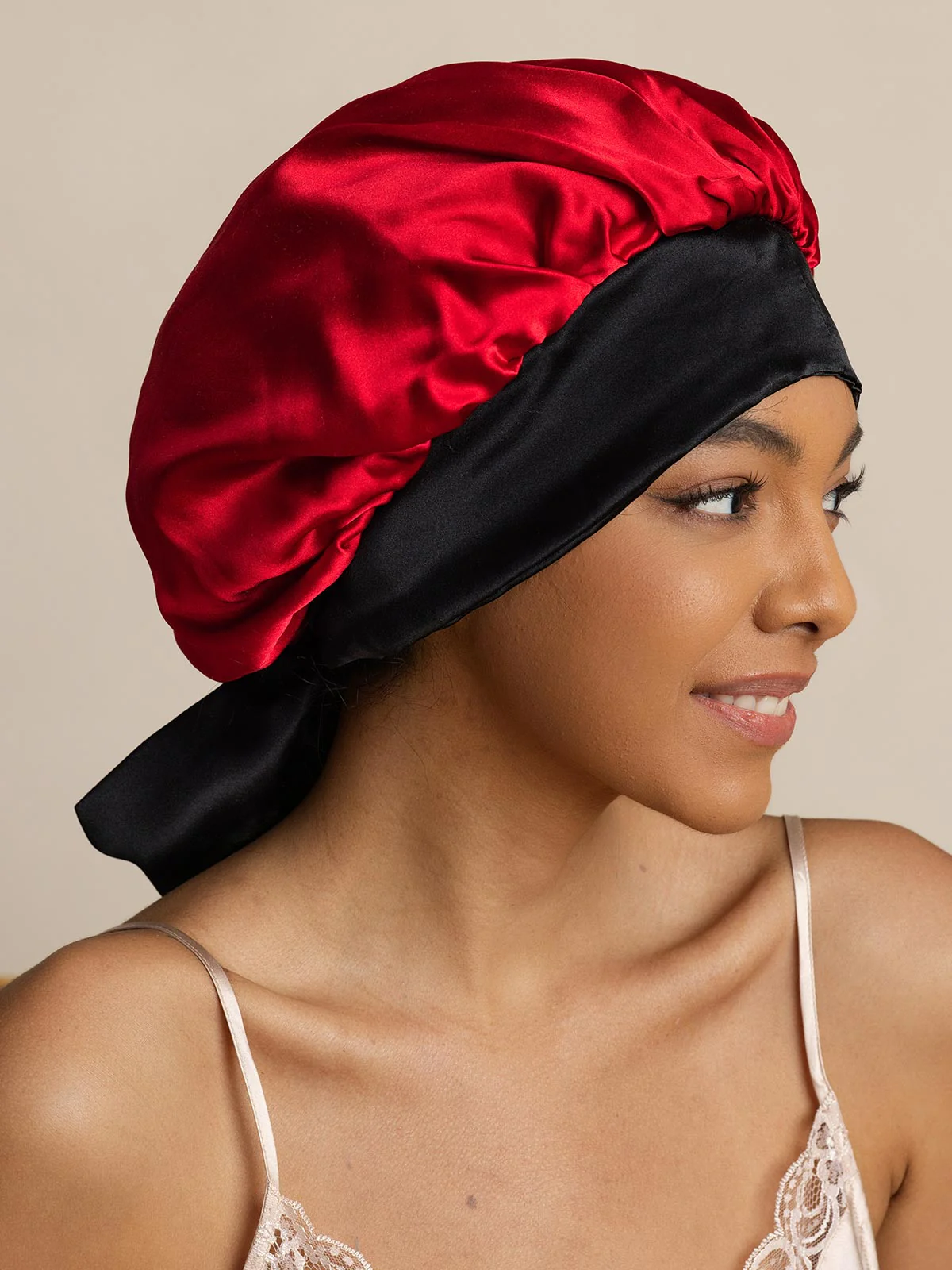 Bonnet de nuit décontracté en soie pure avec longues rubans(Bicolore et réversible) - Image 29