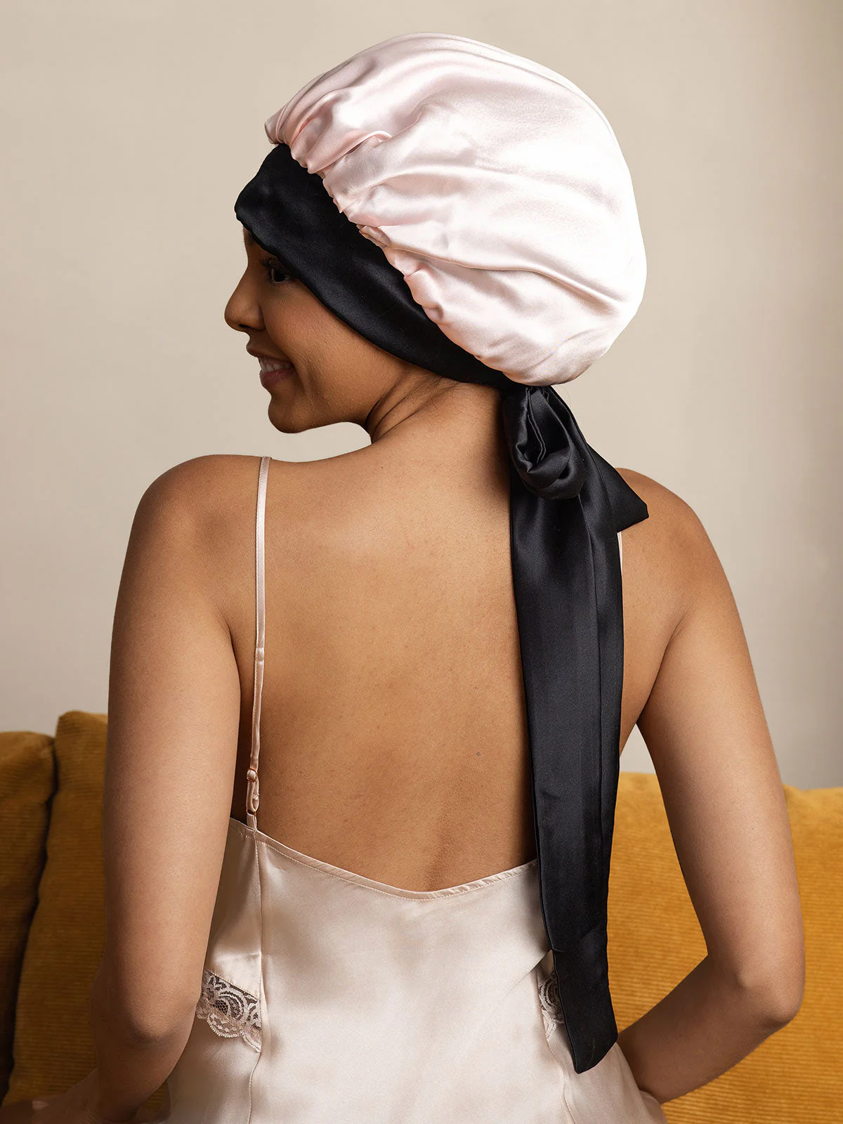 Bonnet de nuit décontracté en soie pure avec longues rubans(Bicolore et réversible) - Image 34