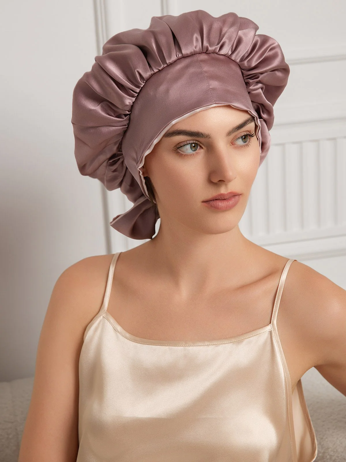 Bonnet de nuit décontracté en soie pure avec longues rubans(Bicolore et réversible) - Image 4