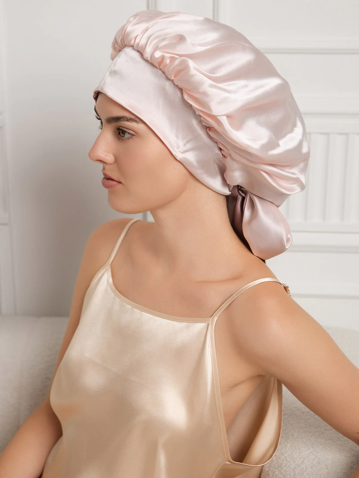 Bonnet de nuit décontracté en soie pure avec longues rubans(Bicolore et réversible) - Image 8