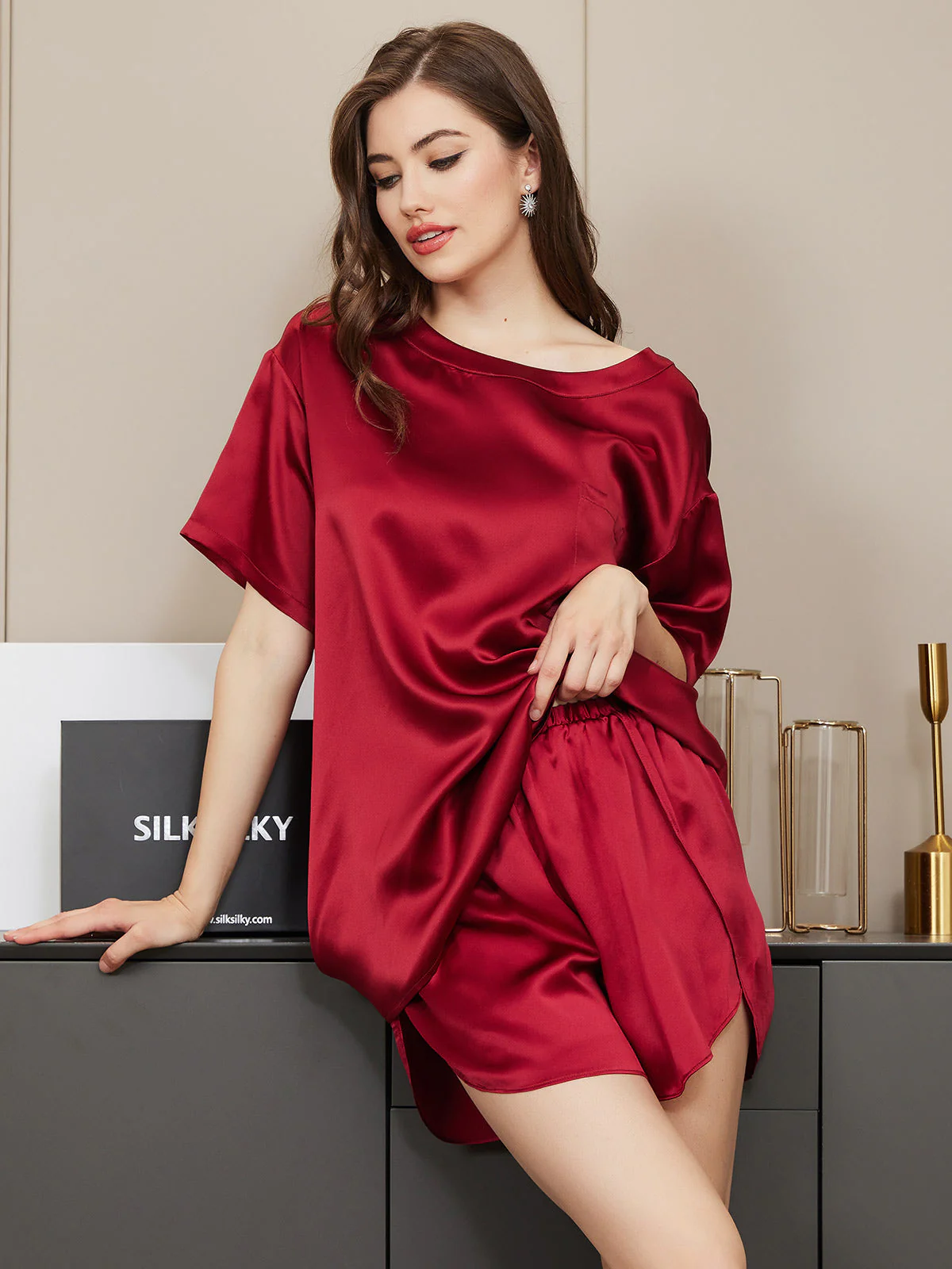 Femme t-shirt de Pyjama Pure Soie Occasionnel(Short non inclus) - Image 20