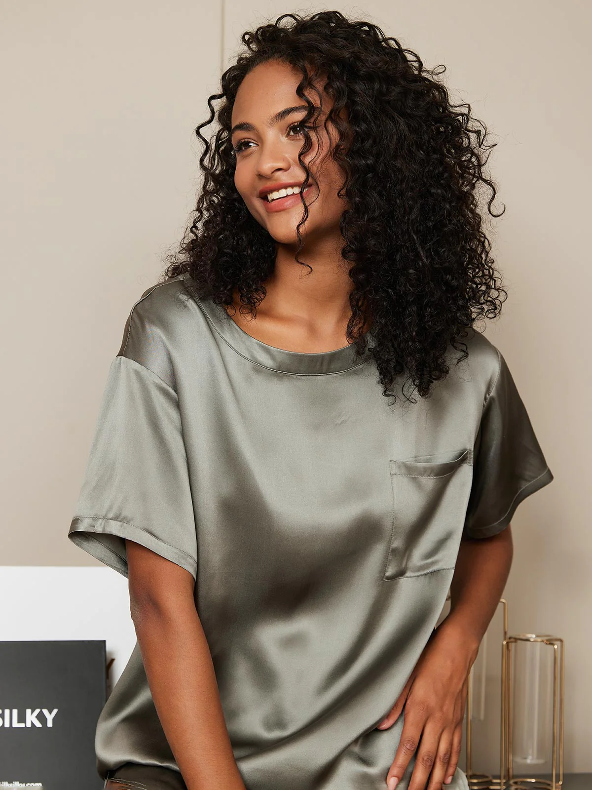 Femme t-shirt de Pyjama Pure Soie Occasionnel(Short non inclus) - Image 3