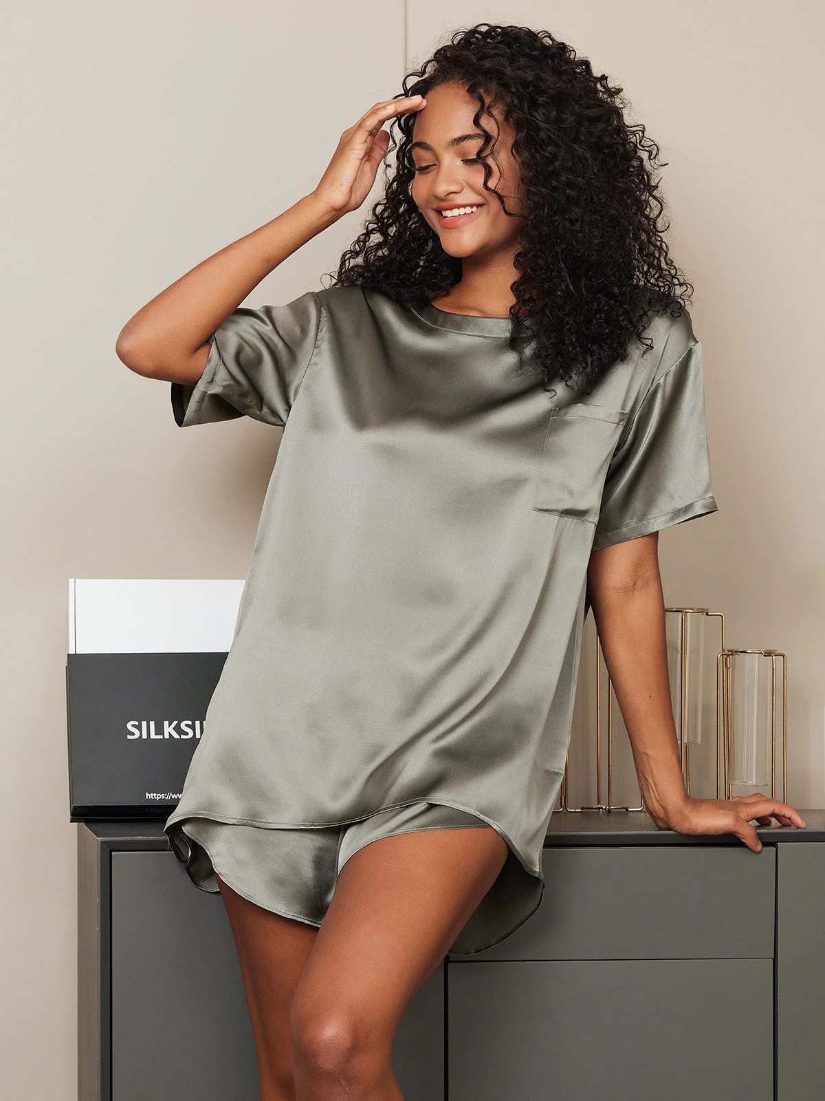 Femme t-shirt de Pyjama Pure Soie Occasionnel(Short non inclus) - Image 4