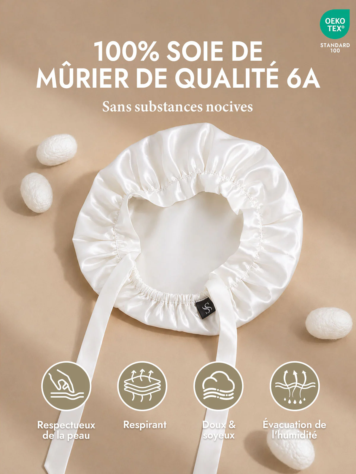 Bonnet de Nuit en 100% Soie de Mûrier avec Rubans - Image 86