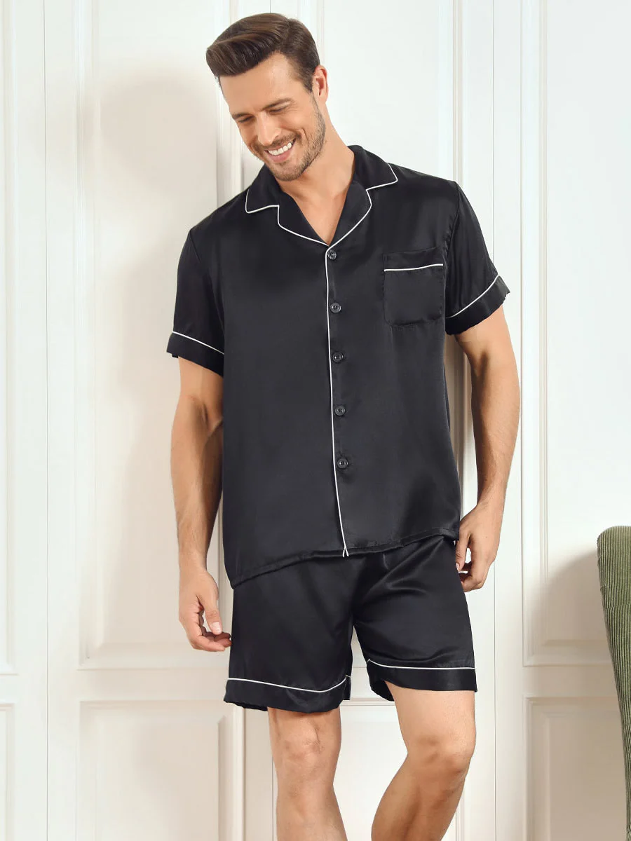 Ensemble Pyjama Pour Homme En Pure Soie À Manches Courtes Avec Col À Revers Et Shorts - Image 6