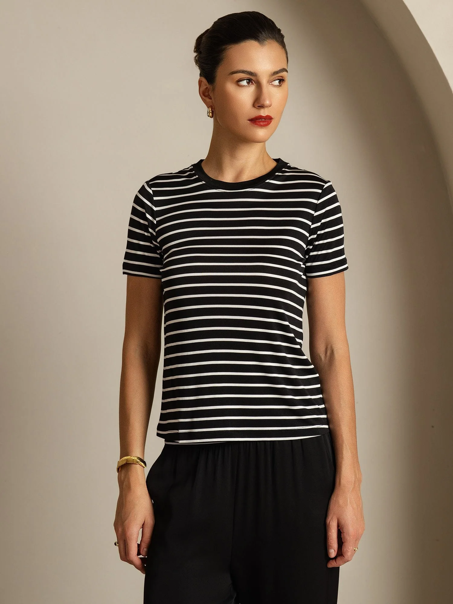 T-Shirt Femme En Soie Pure Col Rond Manches Courtes Imprimé Sport Rayé - Image 11