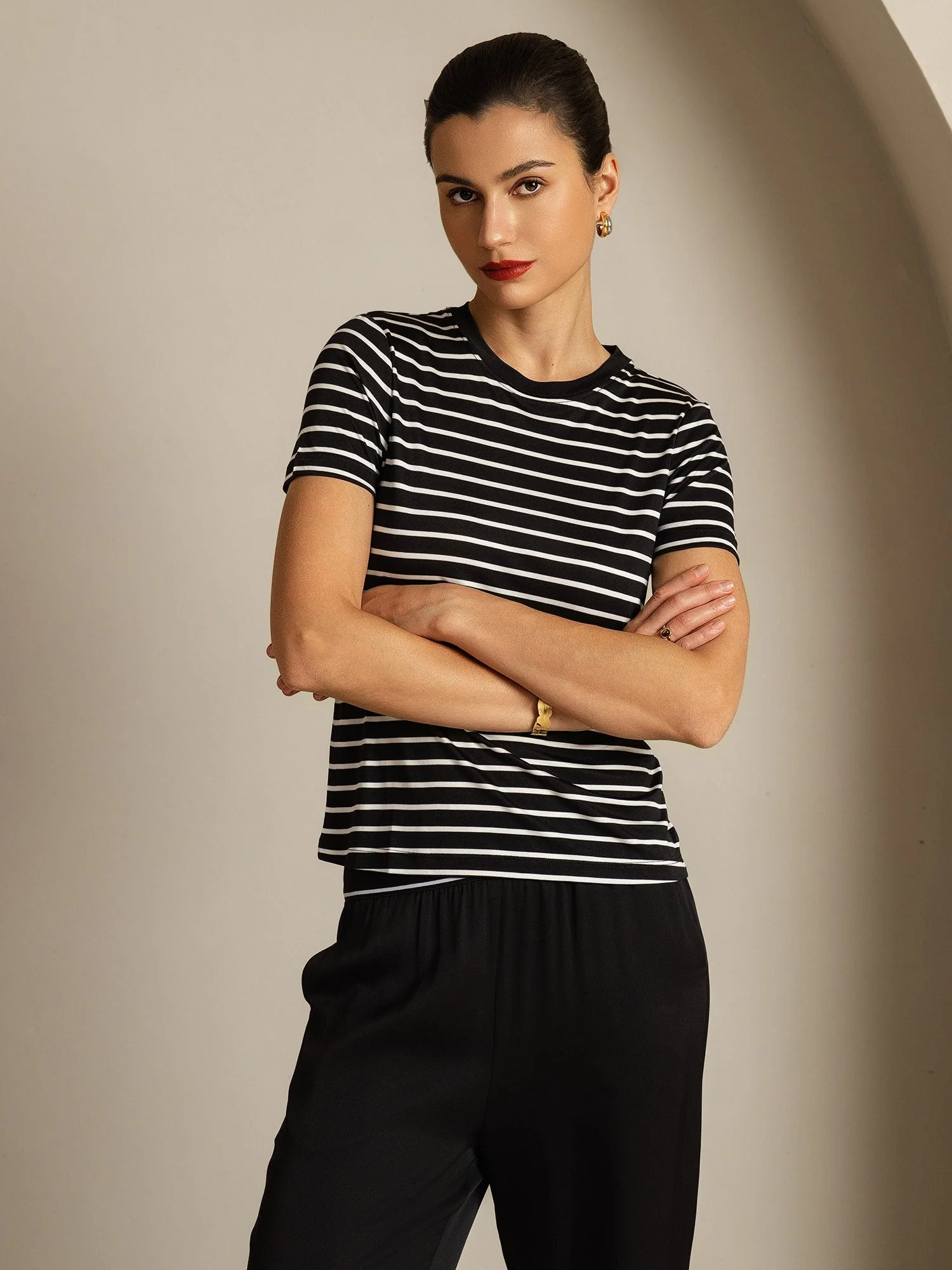 T-Shirt Femme En Soie Pure Col Rond Manches Courtes Imprimé Sport Rayé - Image 13