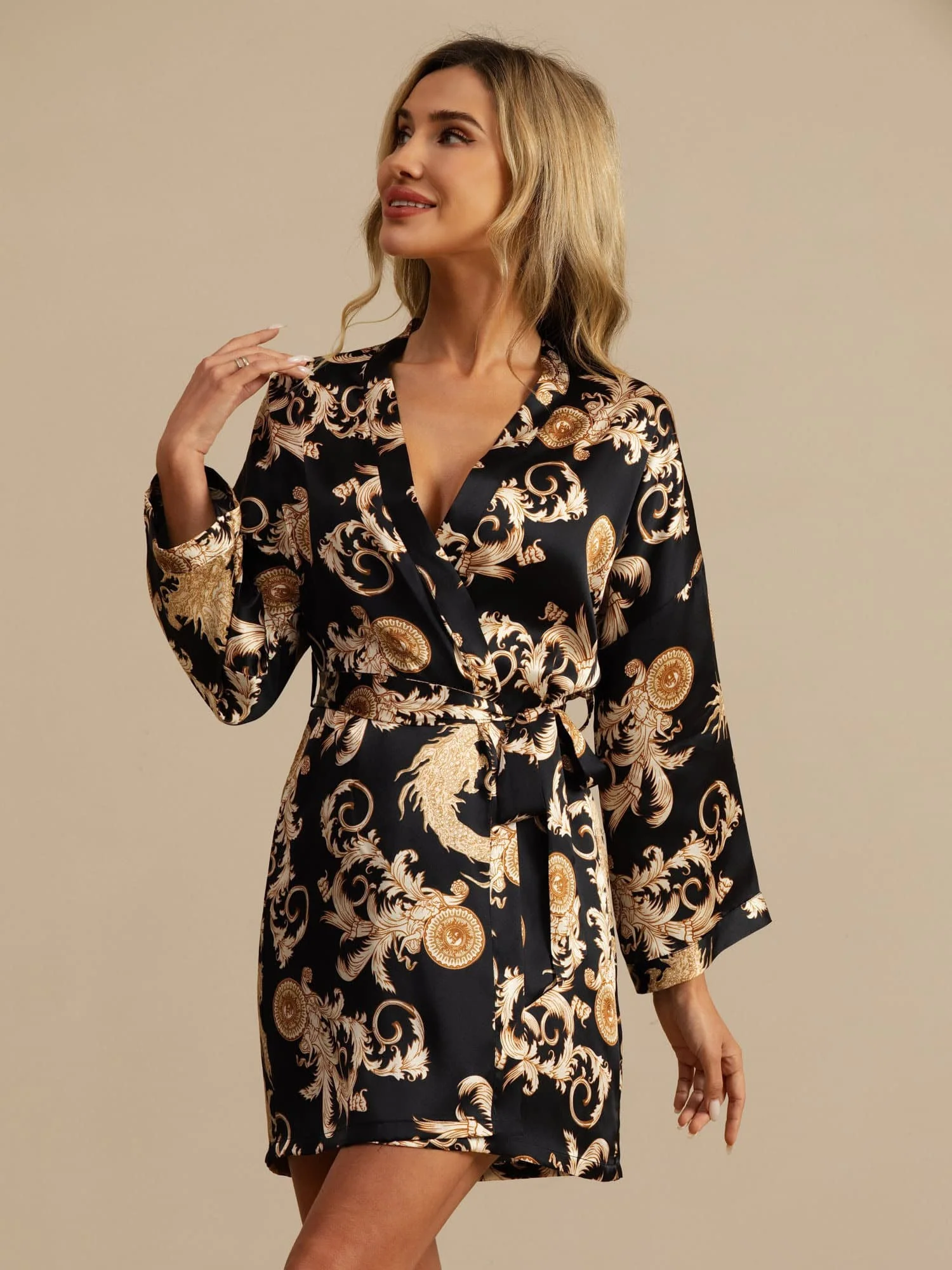 Kimono Femme Manches 3/4 En Soie Pure Imprimé Dragon Avec Ceinture