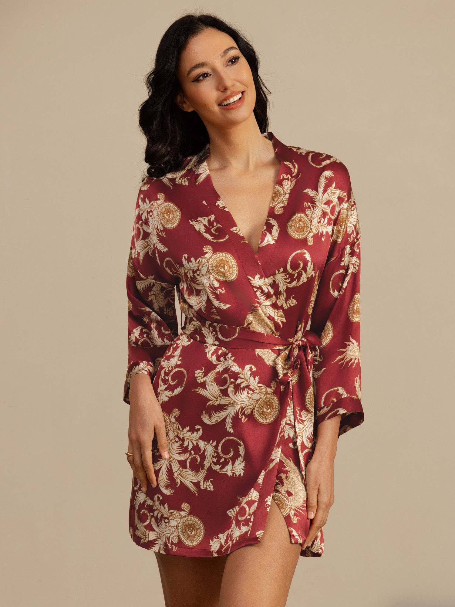 Kimono Femme Manches 3/4 En Soie Pure Imprimé Dragon Avec Ceinture - Image 10