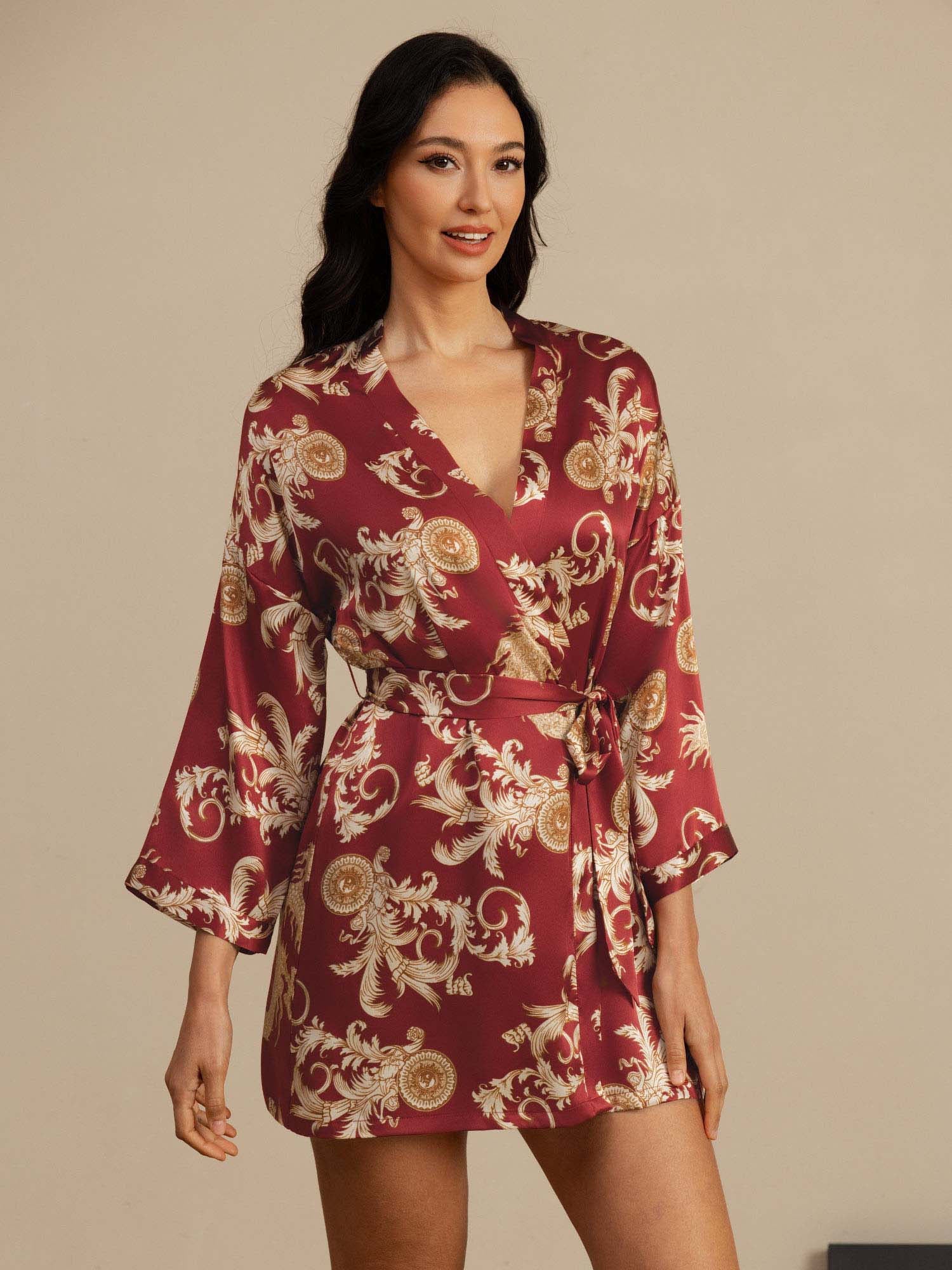 Kimono Femme Manches 3/4 En Soie Pure Imprimé Dragon Avec Ceinture - Image 11