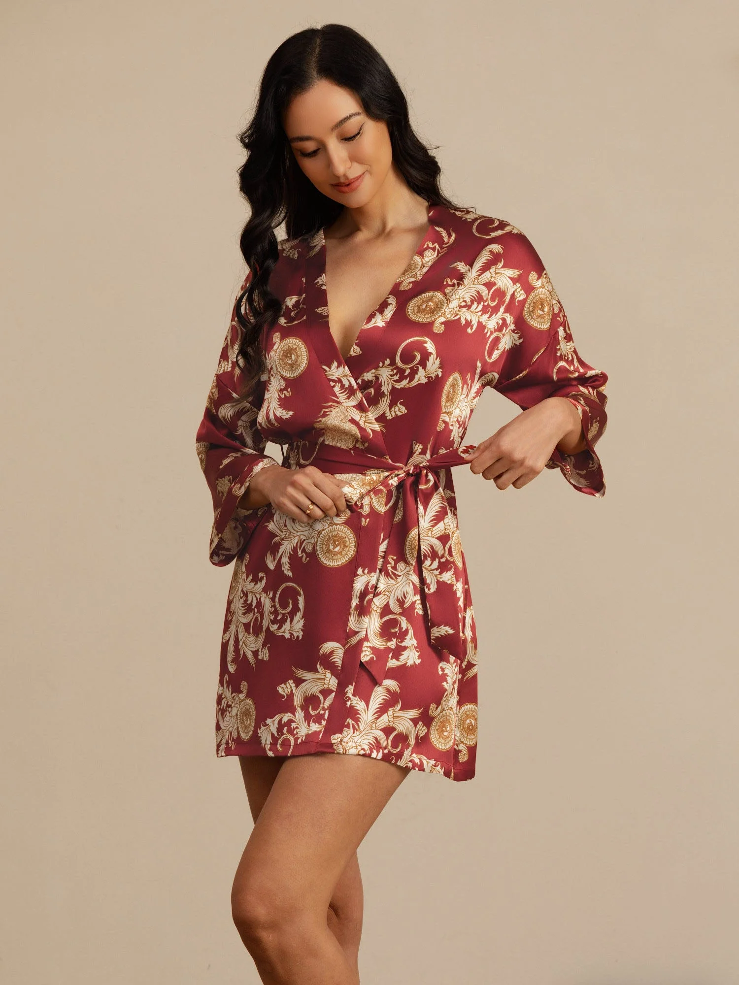 Kimono Femme Manches 3/4 En Soie Pure Imprimé Dragon Avec Ceinture - Image 12