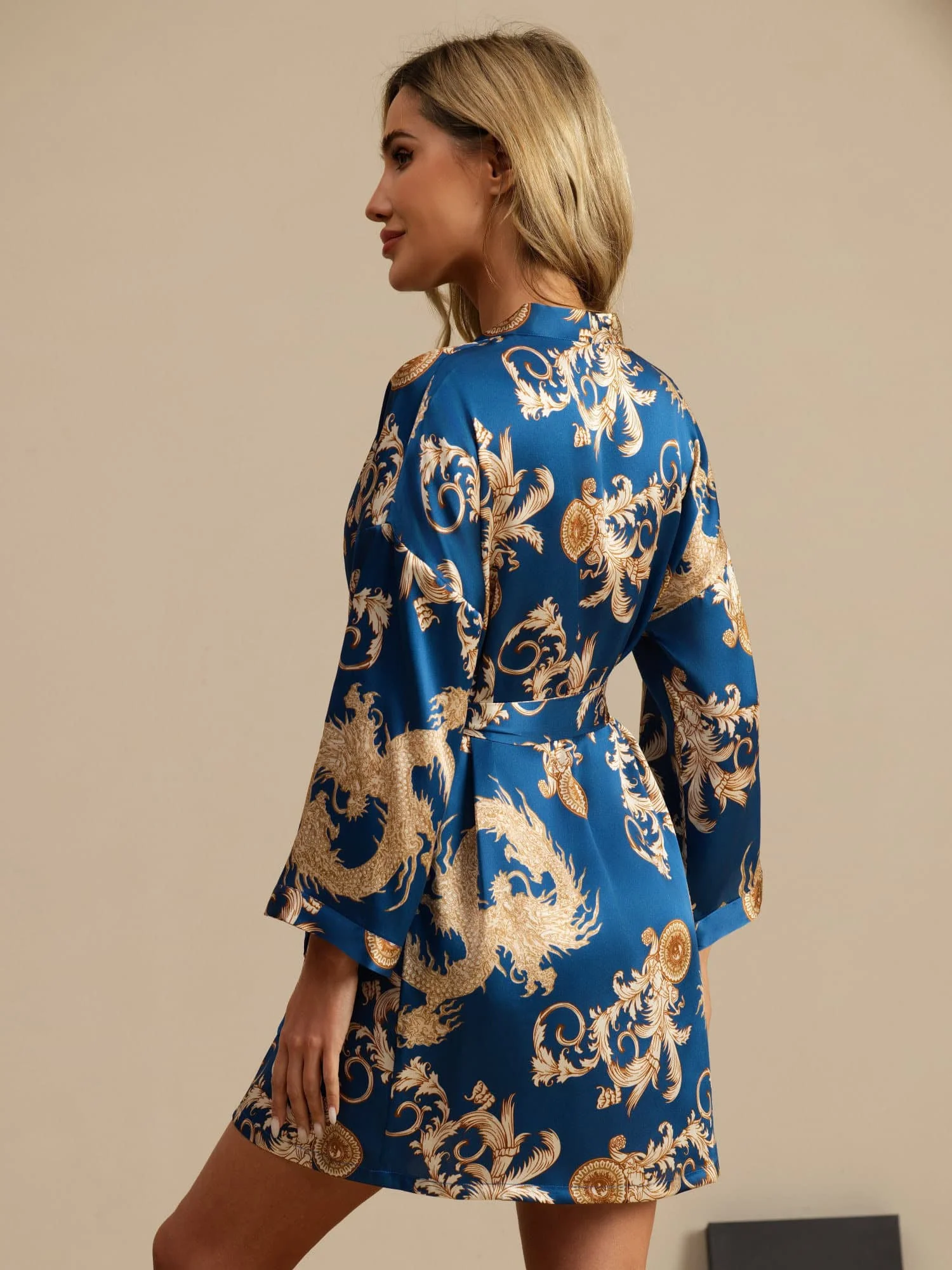 Kimono Femme Manches 3/4 En Soie Pure Imprimé Dragon Avec Ceinture - Image 16