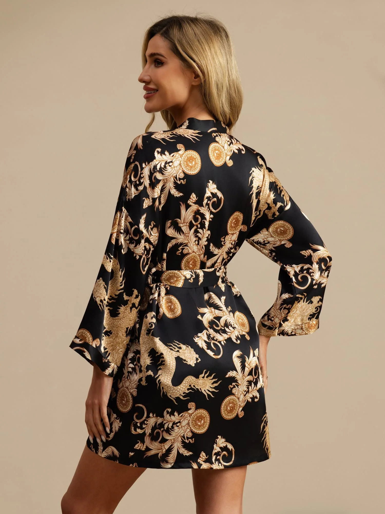 Kimono Femme Manches 3/4 En Soie Pure Imprimé Dragon Avec Ceinture - Image 2