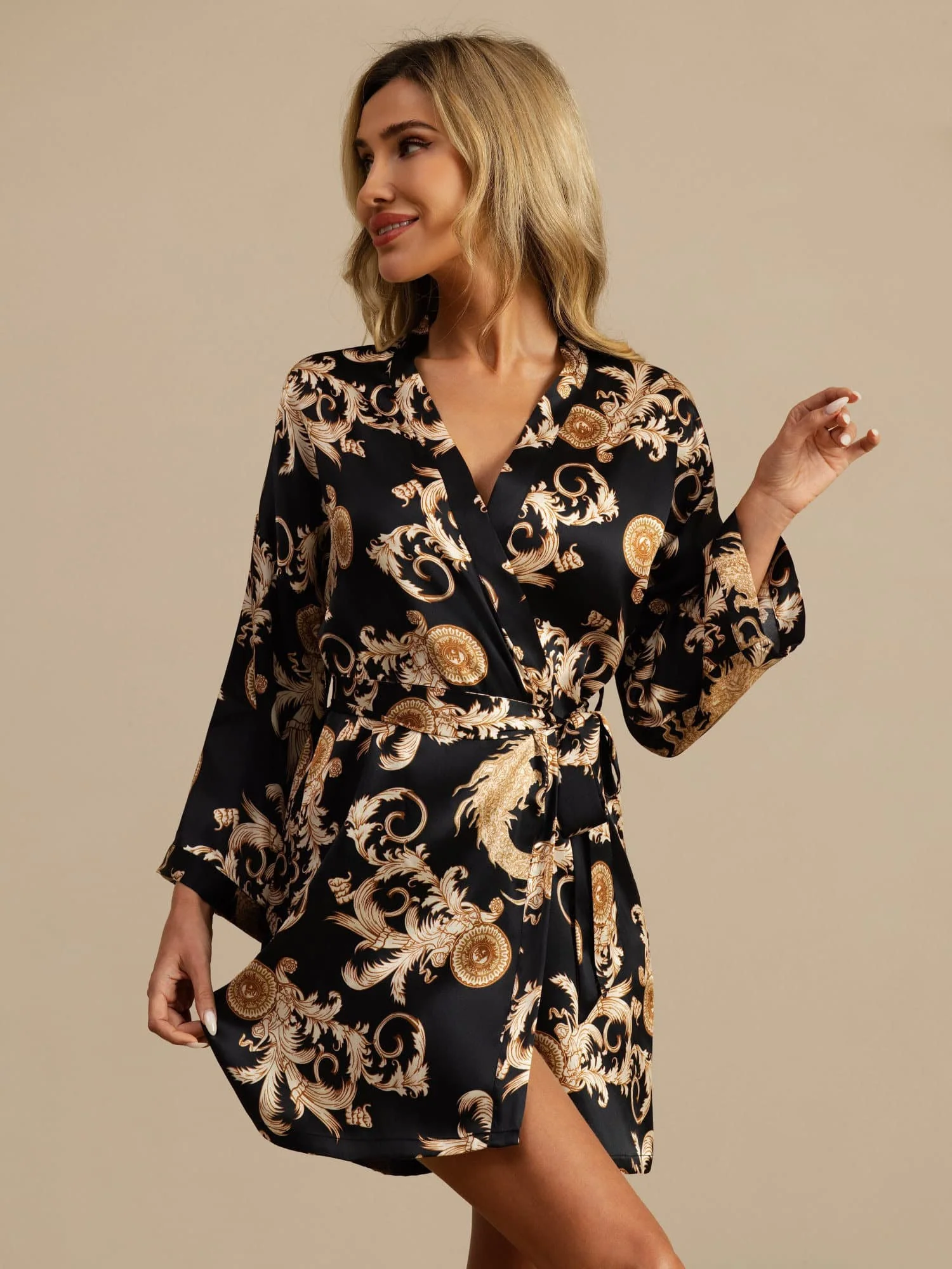 Kimono Femme Manches 3/4 En Soie Pure Imprimé Dragon Avec Ceinture - Image 3