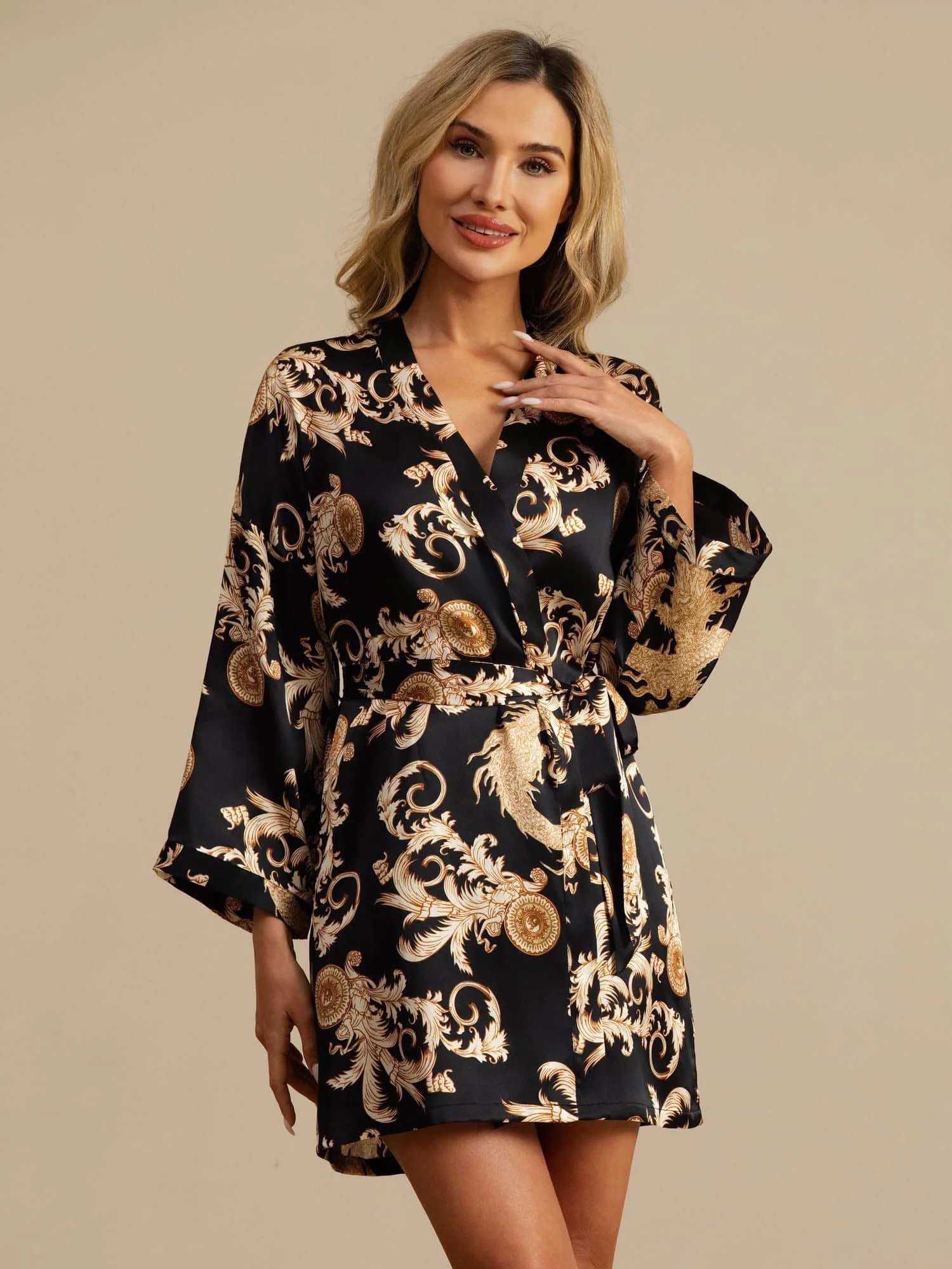 Kimono Femme Manches 3/4 En Soie Pure Imprimé Dragon Avec Ceinture - Image 4