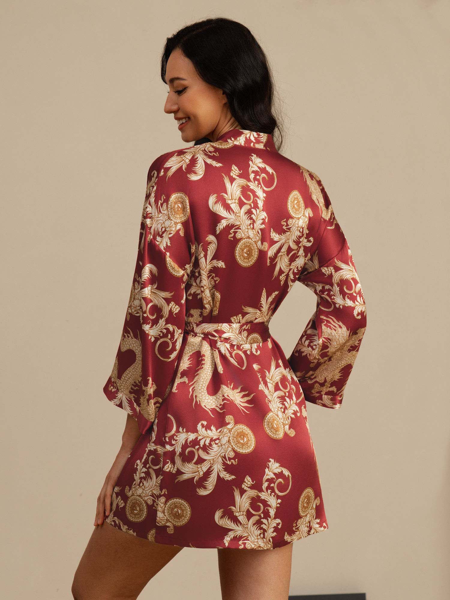 Kimono Femme Manches 3/4 En Soie Pure Imprimé Dragon Avec Ceinture - Image 9