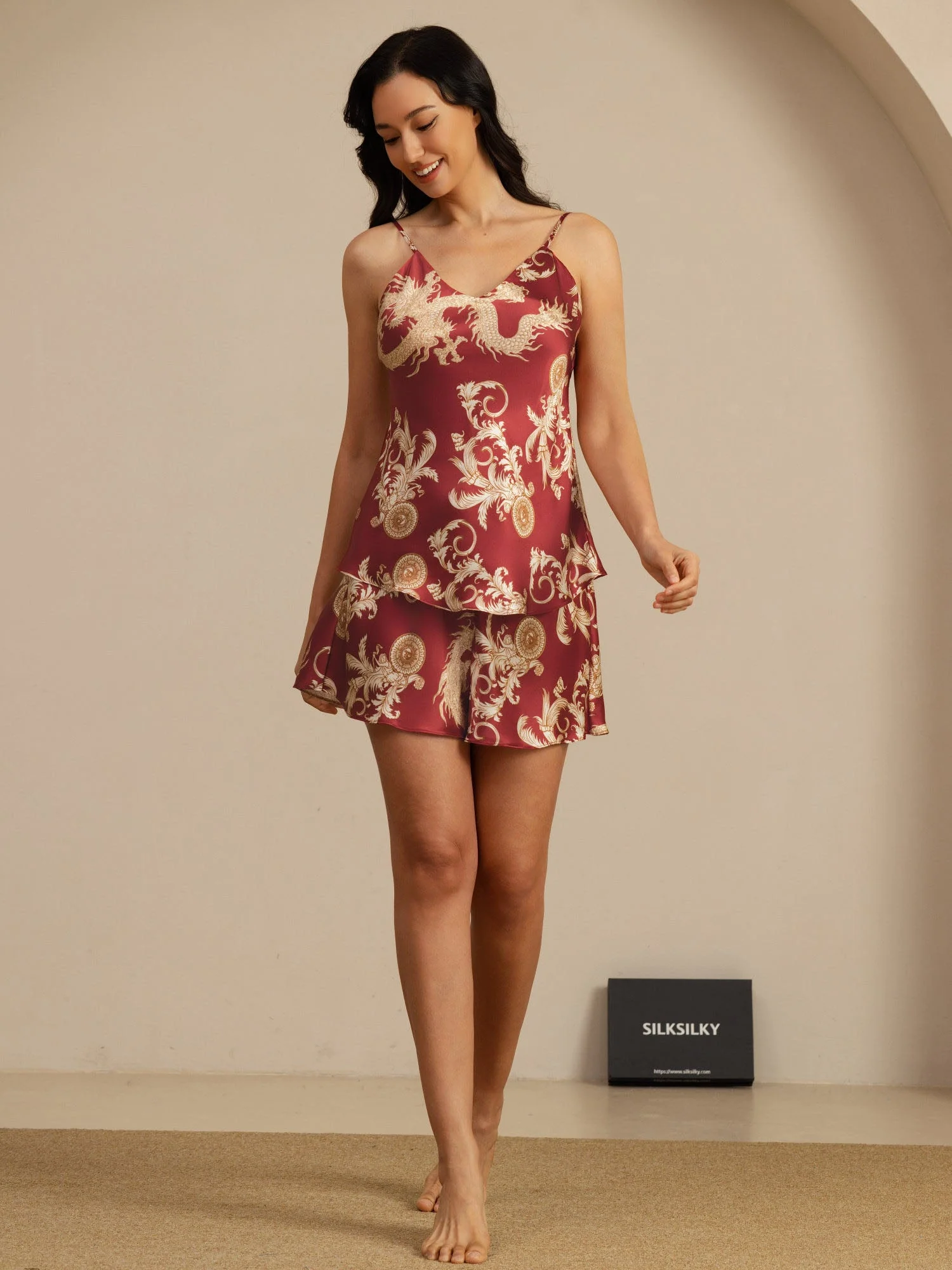 Ensemble Cami Et Short Femme En Soie Pure Imprimé Dragon Bretelles Ajustables Col V - Image 14