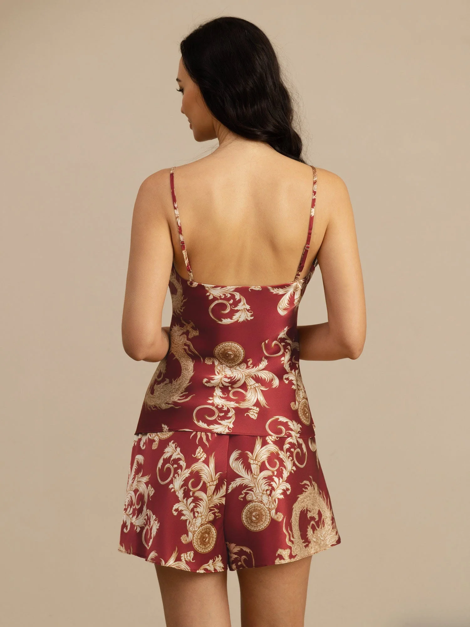 Ensemble Cami Et Short Femme En Soie Pure Imprimé Dragon Bretelles Ajustables Col V - Image 9