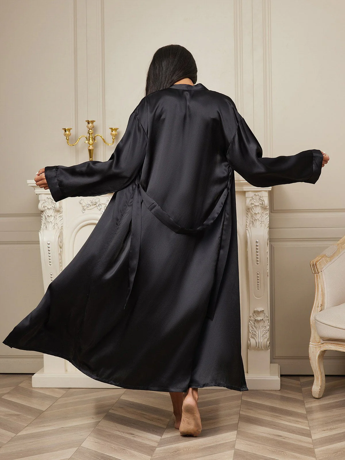 Peignoir Portefeuille Mi-Long En Pure Soie Pour Femme À Manches Longues - Image 11