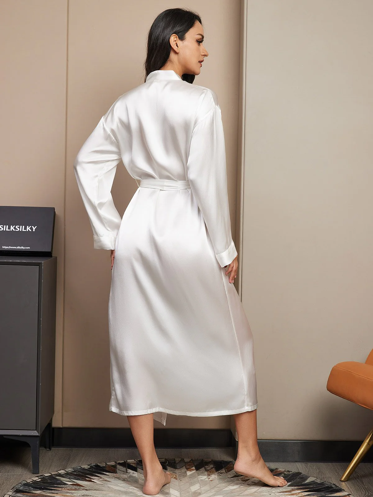 Peignoir Portefeuille Mi-Long En Pure Soie Pour Femme À Manches Longues - Image 16