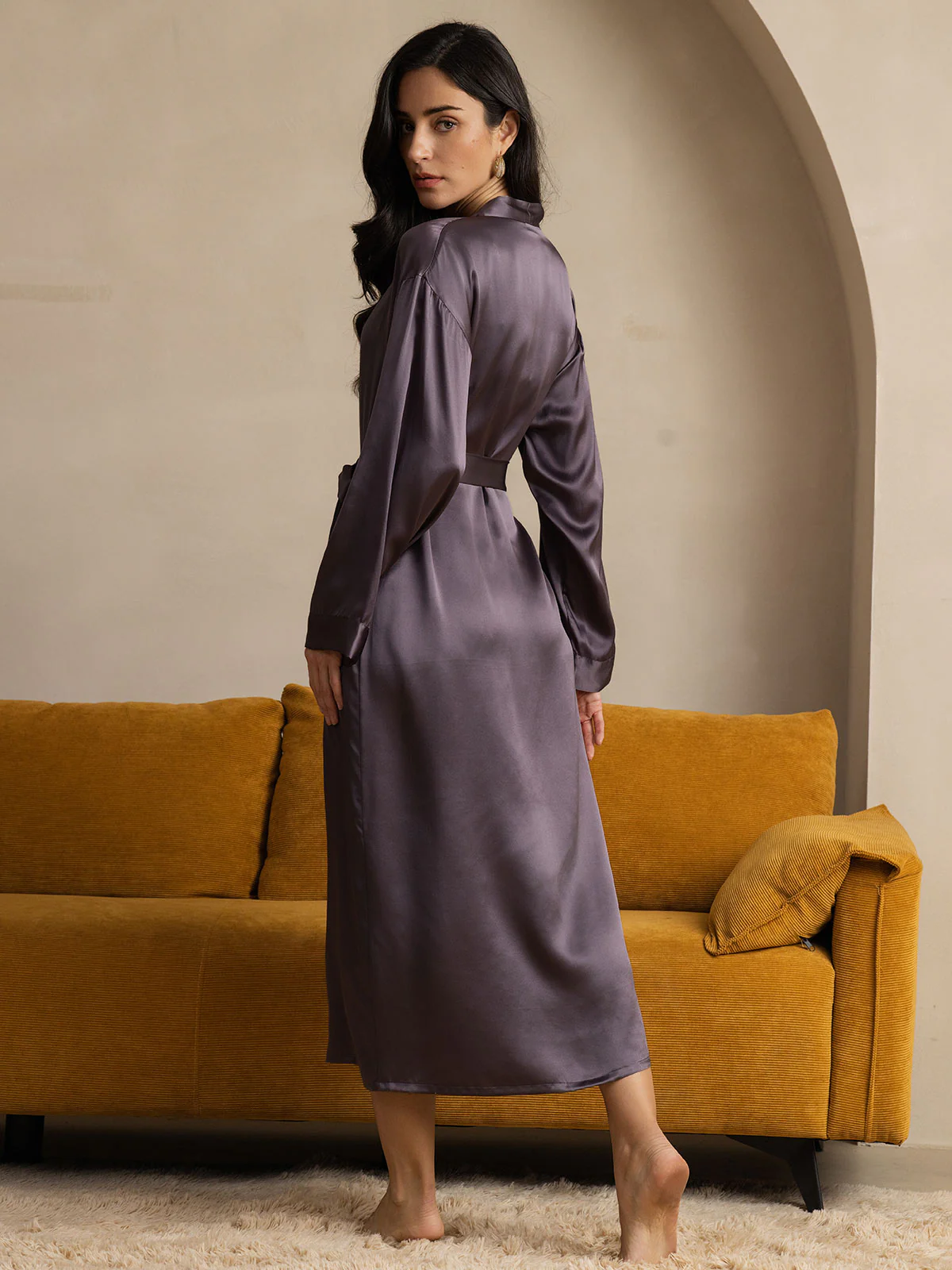 Peignoir Portefeuille Mi-Long En Pure Soie Pour Femme À Manches Longues - Image 2