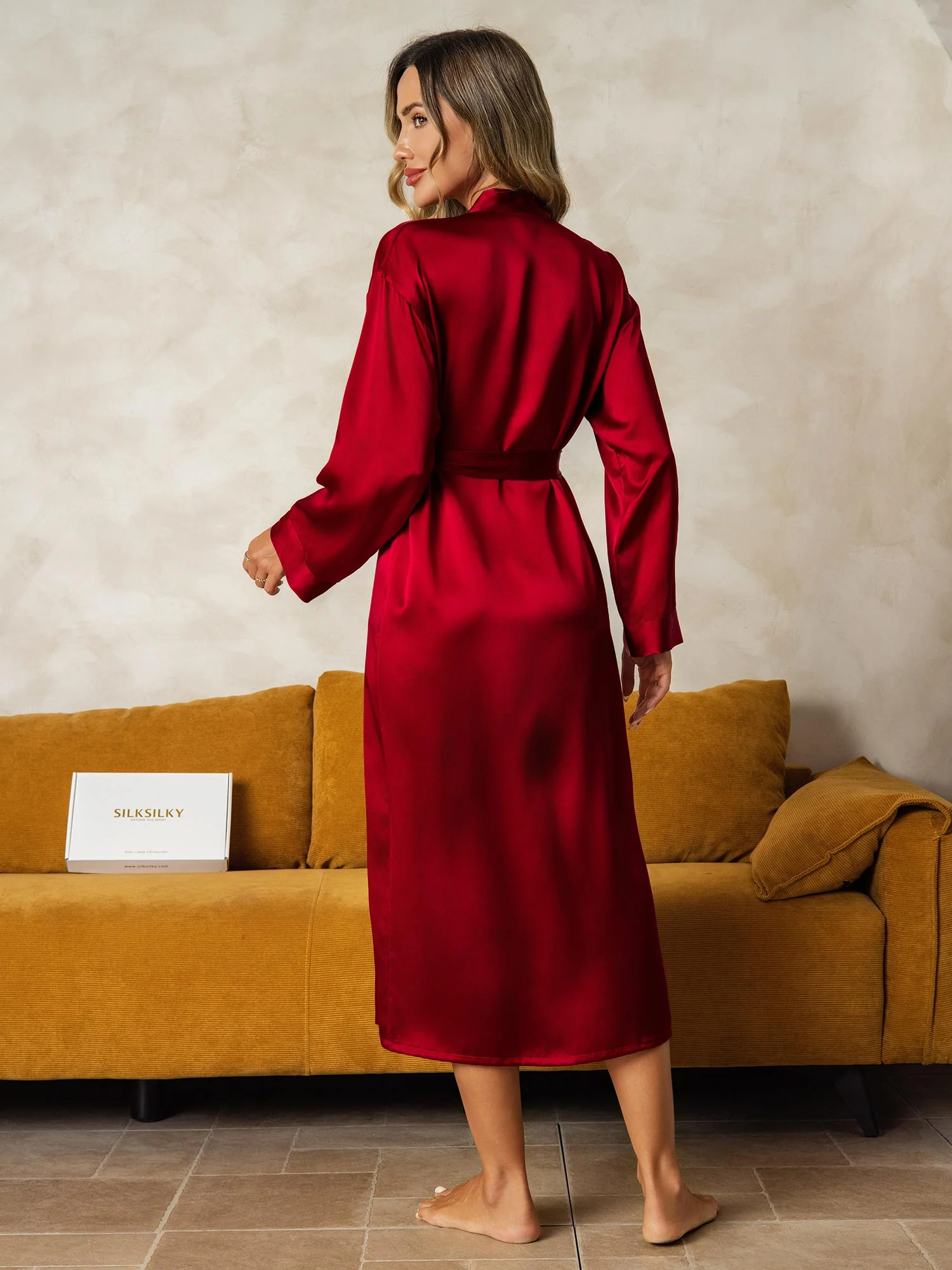 Peignoir Portefeuille Mi-Long En Pure Soie Pour Femme À Manches Longues - Image 45