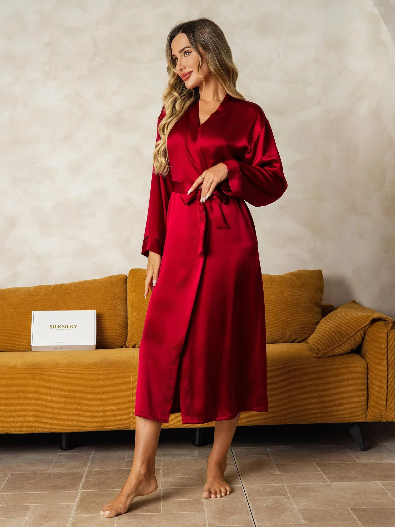 Peignoir Portefeuille Mi-Long En Pure Soie Pour Femme À Manches Longues - Image 47