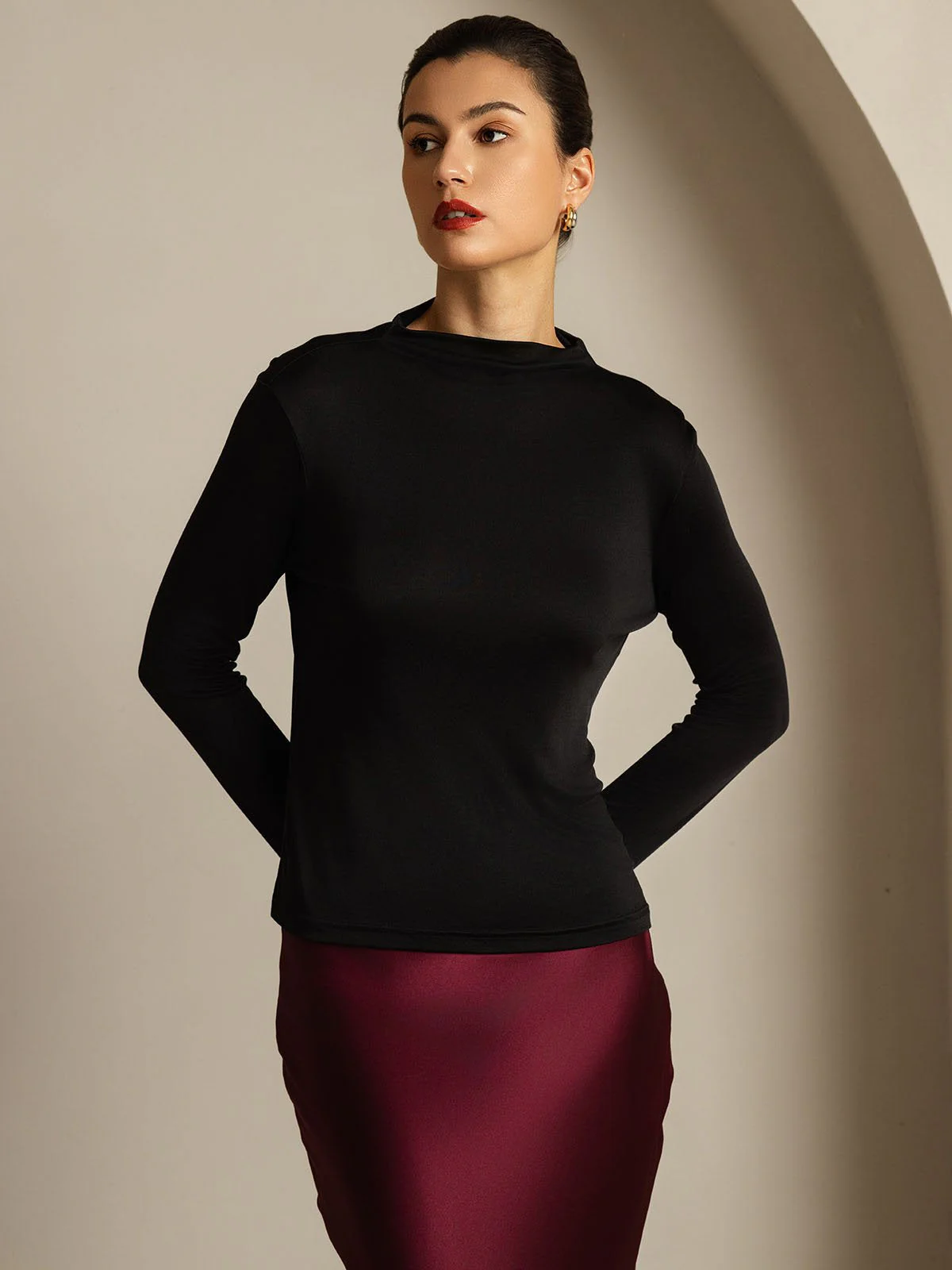 Haut Col Simulé À Manches Longues En Pure Soie Pour Femme - Image 17