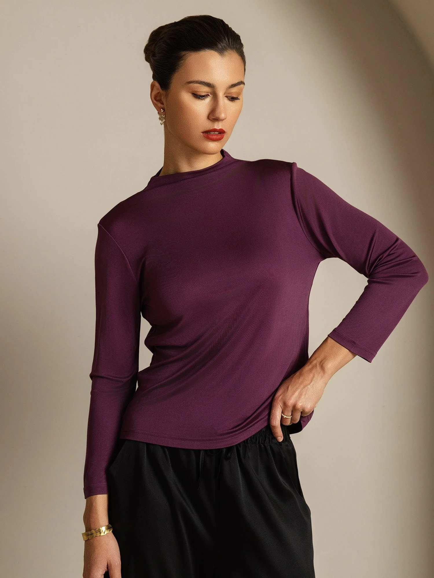 Haut Col Simulé À Manches Longues En Pure Soie Pour Femme - Image 3