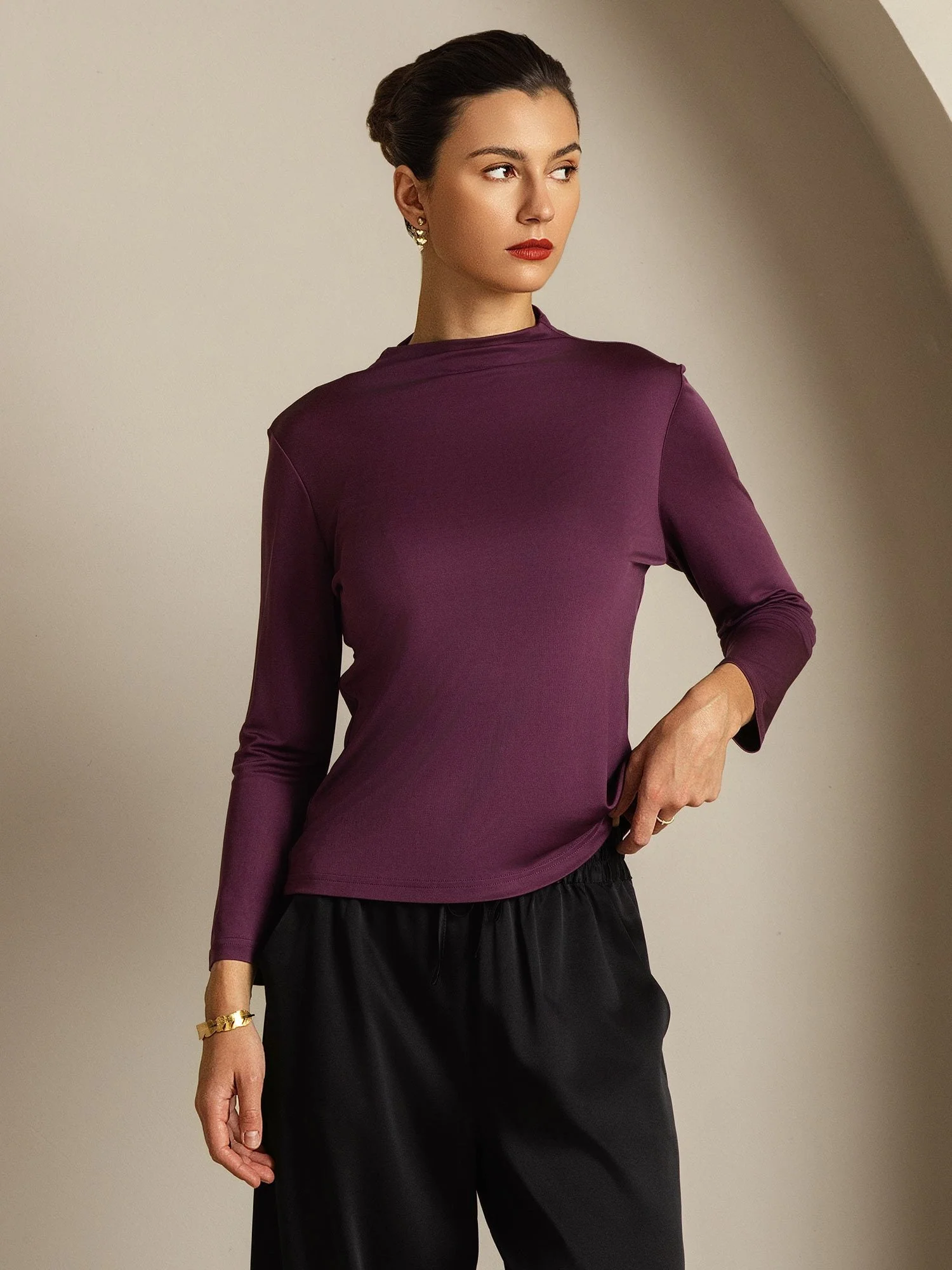 Haut Col Simulé À Manches Longues En Pure Soie Pour Femme - Image 9