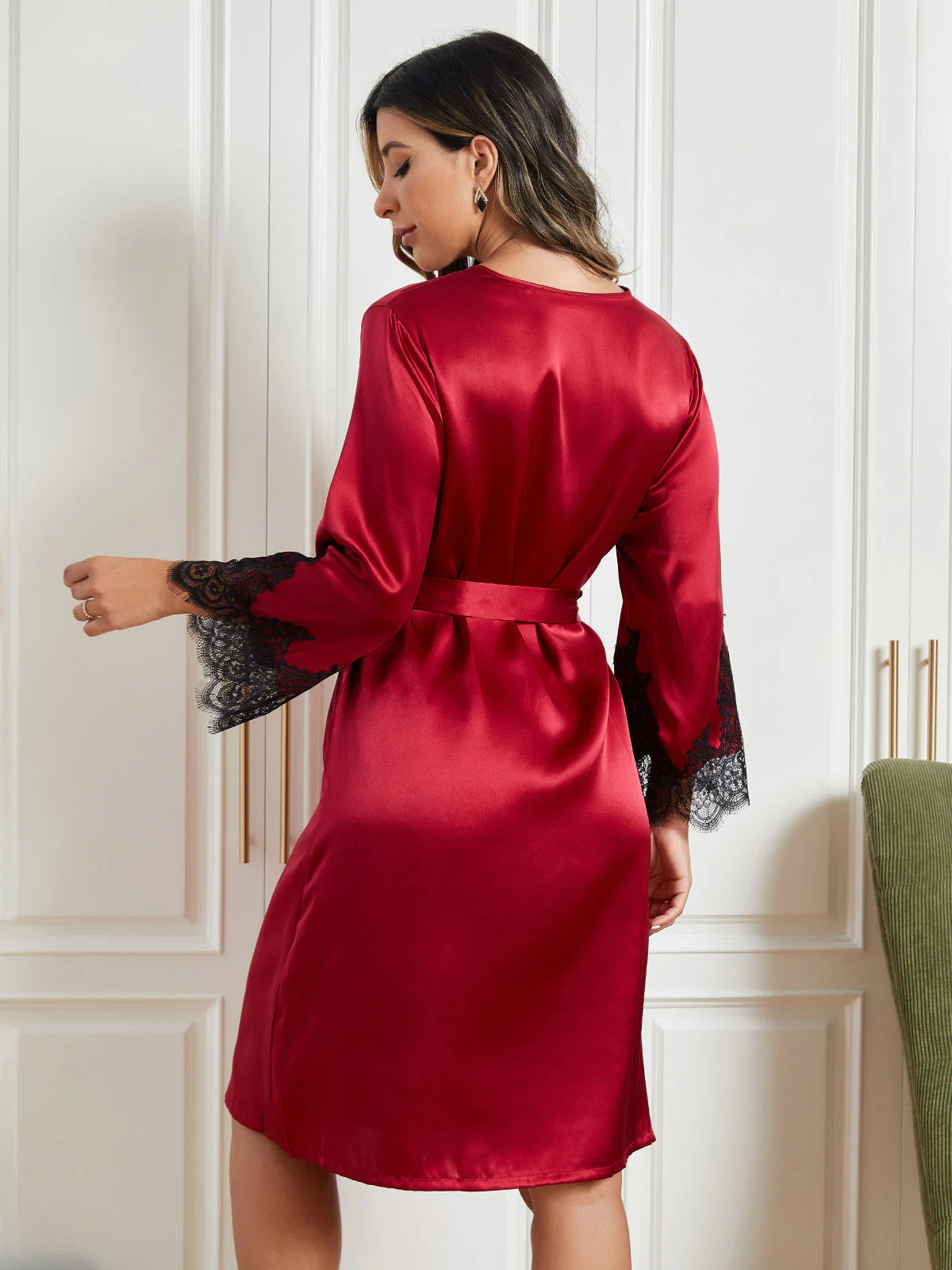 Peignoir En Pure Soie Pour Femme Avec Manches 3/4 Et Dentelle - Image 7