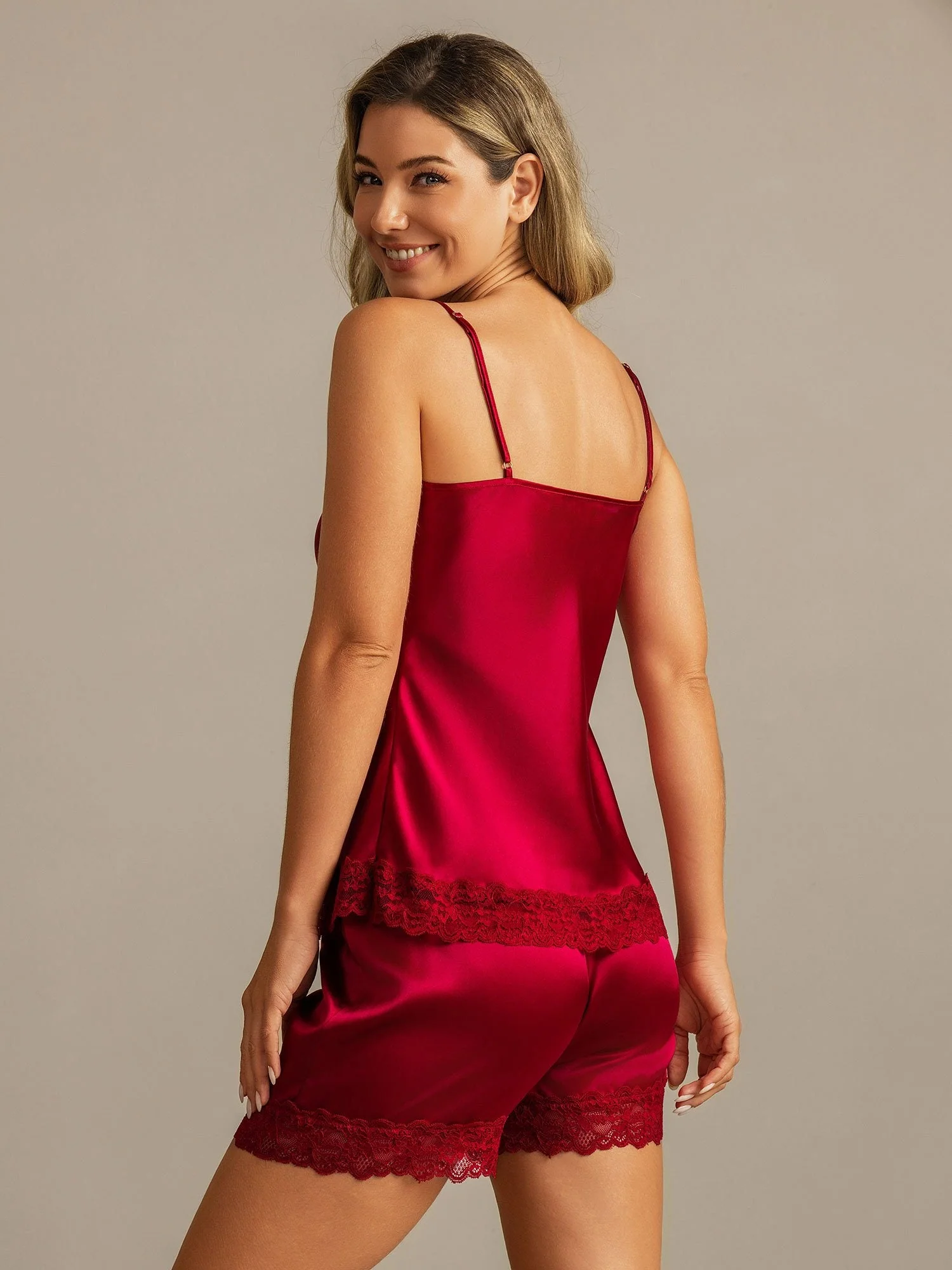 Soie Pure Bordure En Dentelle Bretelles Spaghetti Col En V Ensemble De Camisole Sexy - Image 2