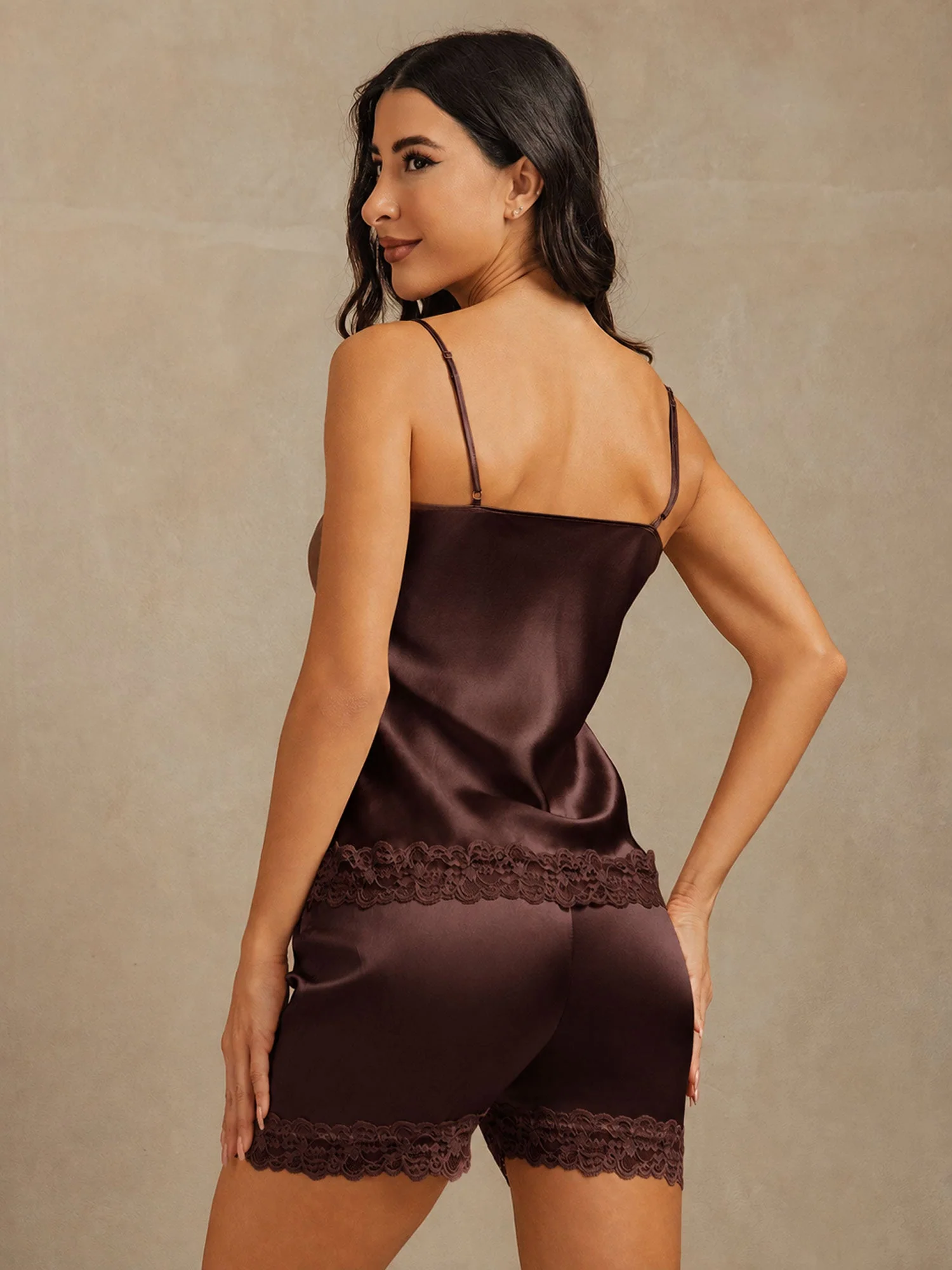 Soie Pure Bordure En Dentelle Bretelles Spaghetti Col En V Ensemble De Camisole Sexy - Image 41
