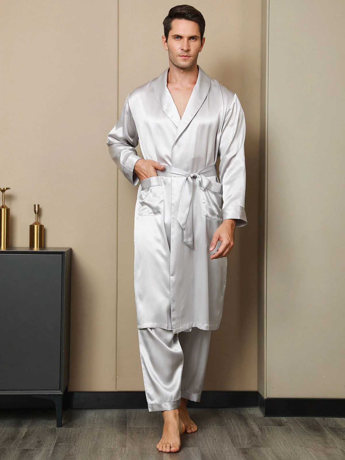 Peignoir Ceinturée à Col Revers En Pure Soie (Sans Pantalon) - Image 24