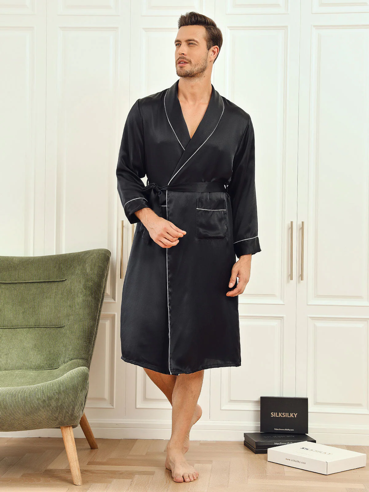 Peignoir Ceinturée à Col Revers En Pure Soie (Sans Pantalon) - Image 3