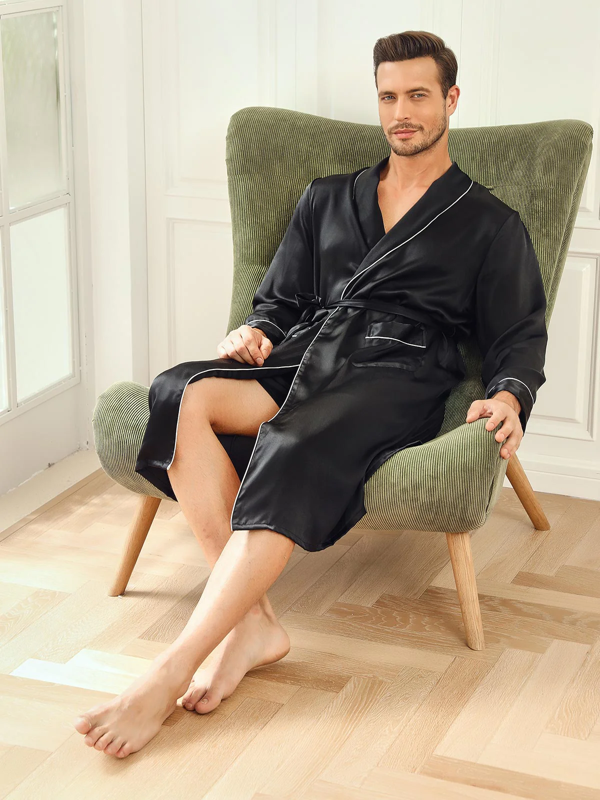 Peignoir Ceinturée à Col Revers En Pure Soie (Sans Pantalon) - Image 6