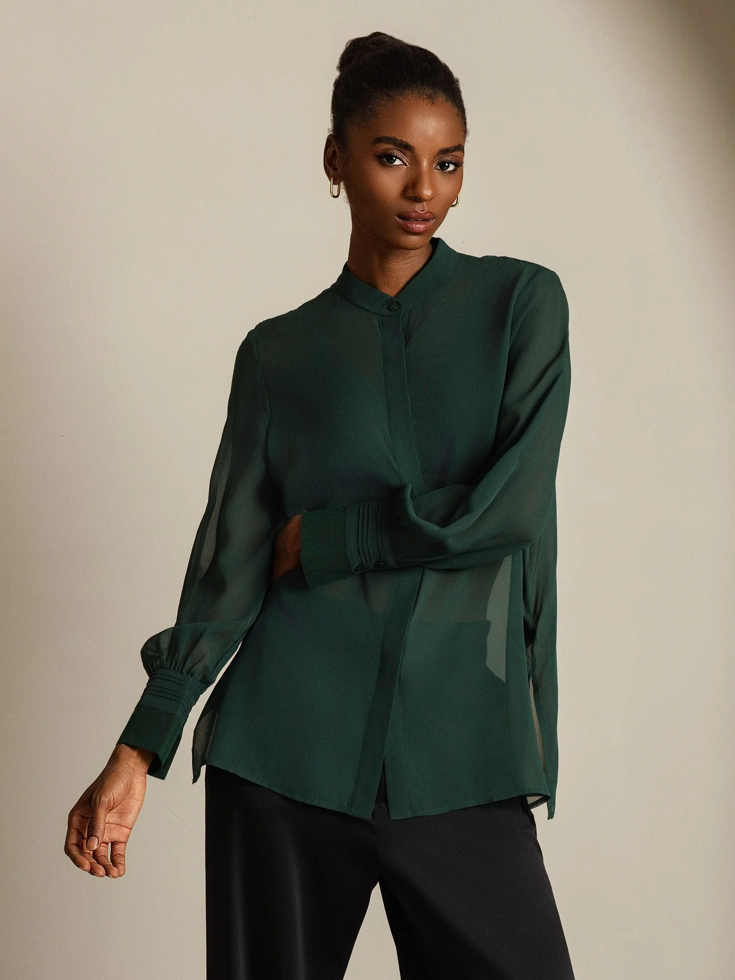 Pure Soie Chemisier Longues Manches Fendue Transparente - Image 10