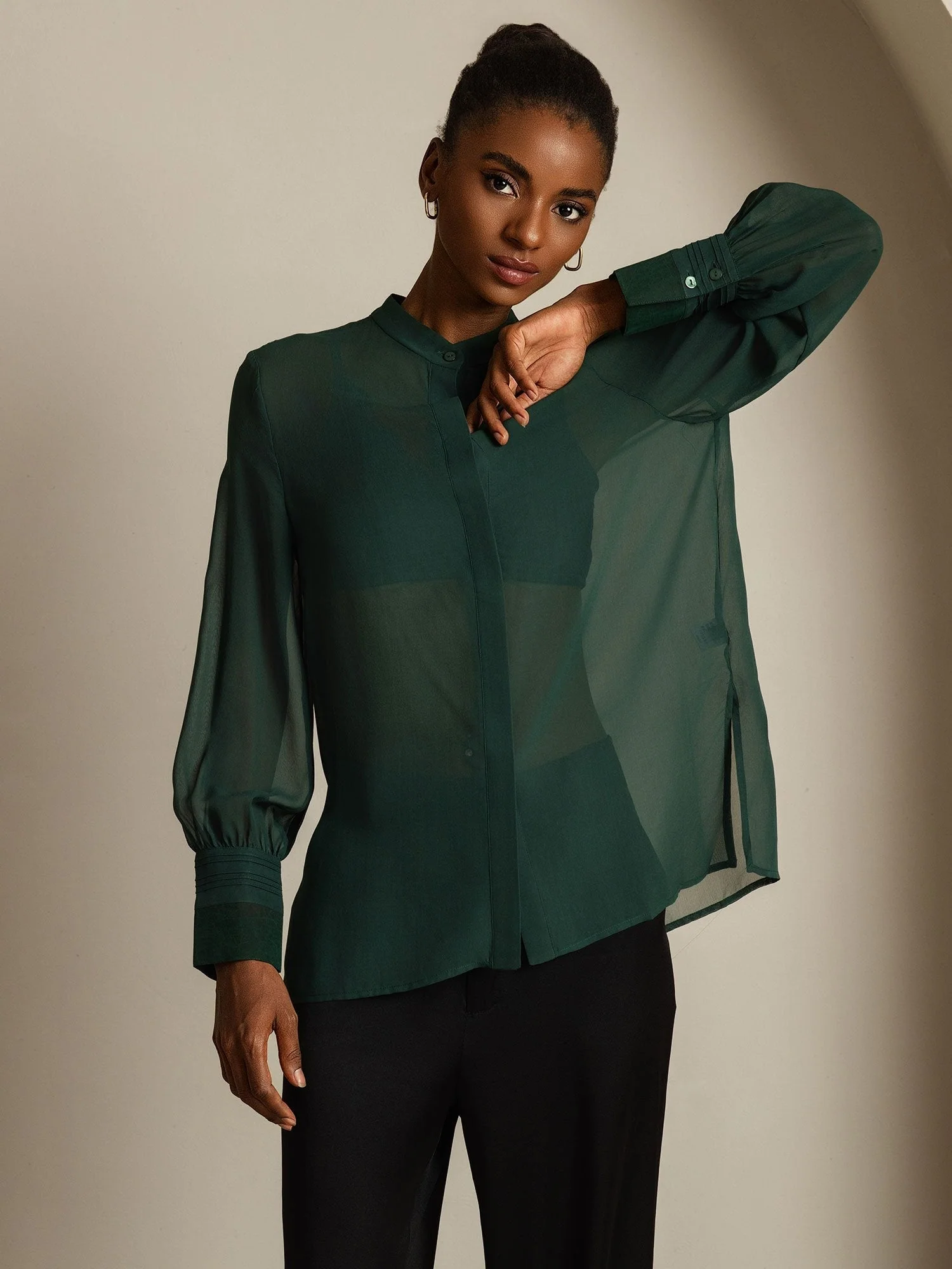 Pure Soie Chemisier Longues Manches Fendue Transparente - Image 17