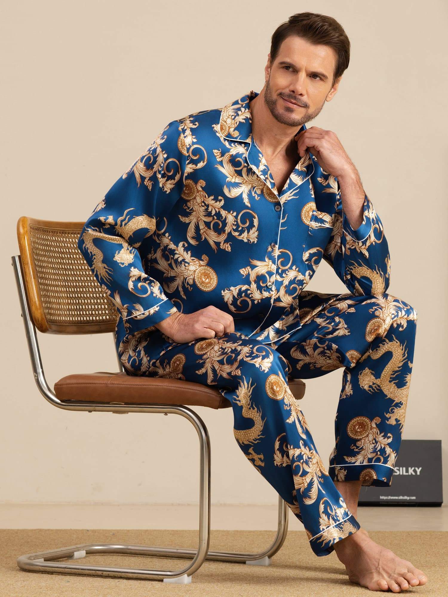 Pure Soie Homme Imprimé Dragon Manches Longues Col Cranté Ensemble Pyjama