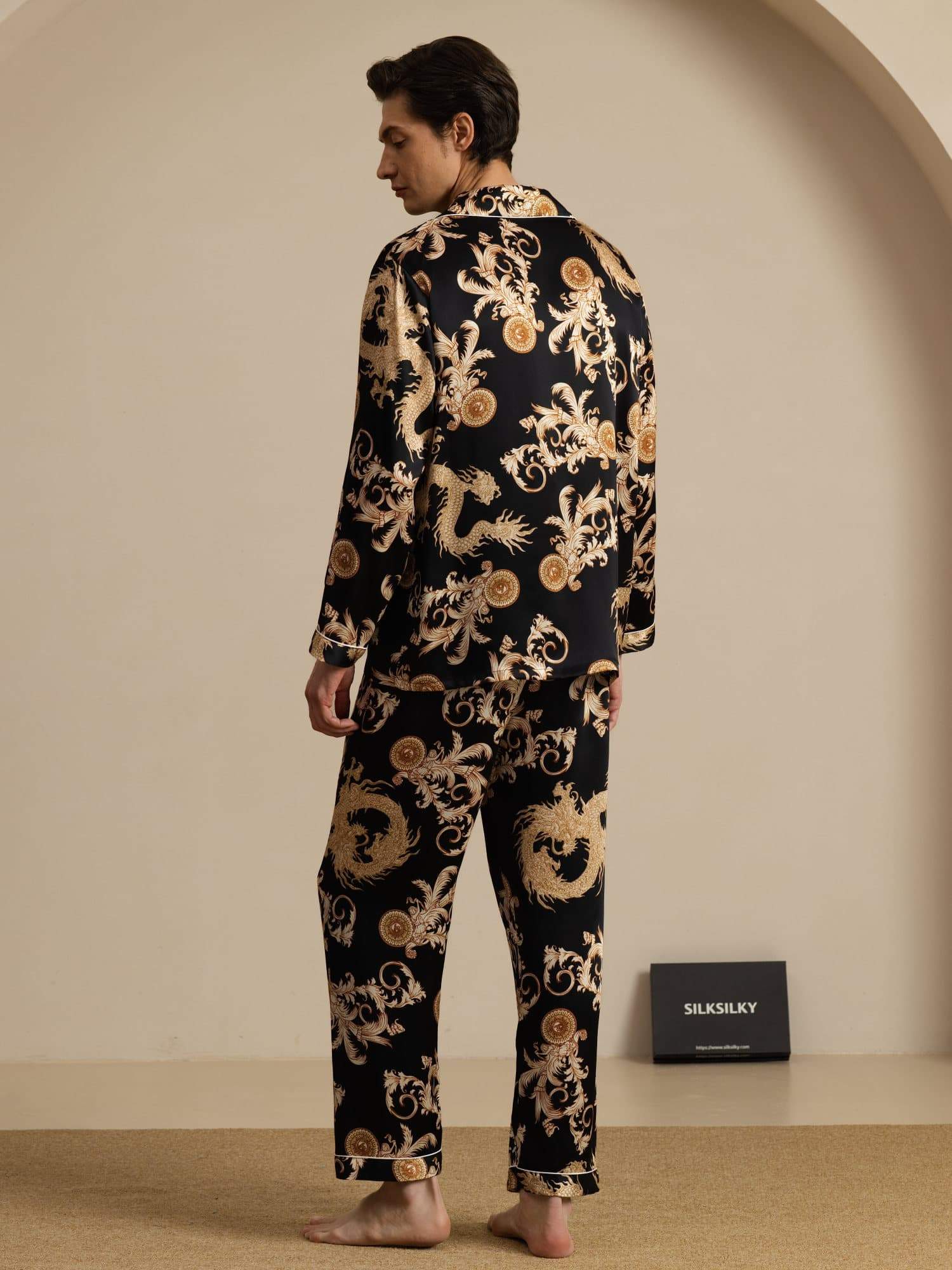 Pure Soie Homme Imprimé Dragon Manches Longues Col Cranté Ensemble Pyjama - Image 10