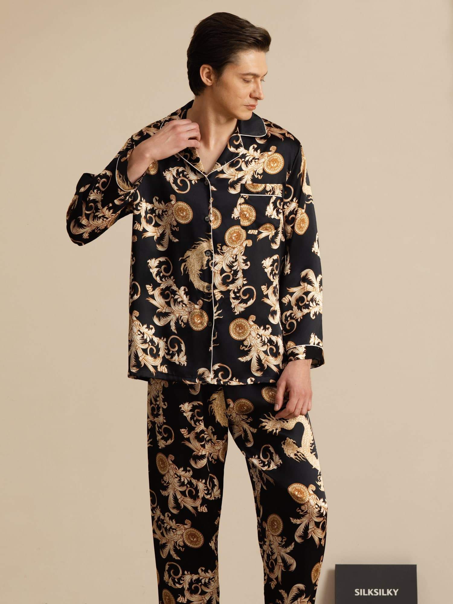 Pure Soie Homme Imprimé Dragon Manches Longues Col Cranté Ensemble Pyjama - Image 11