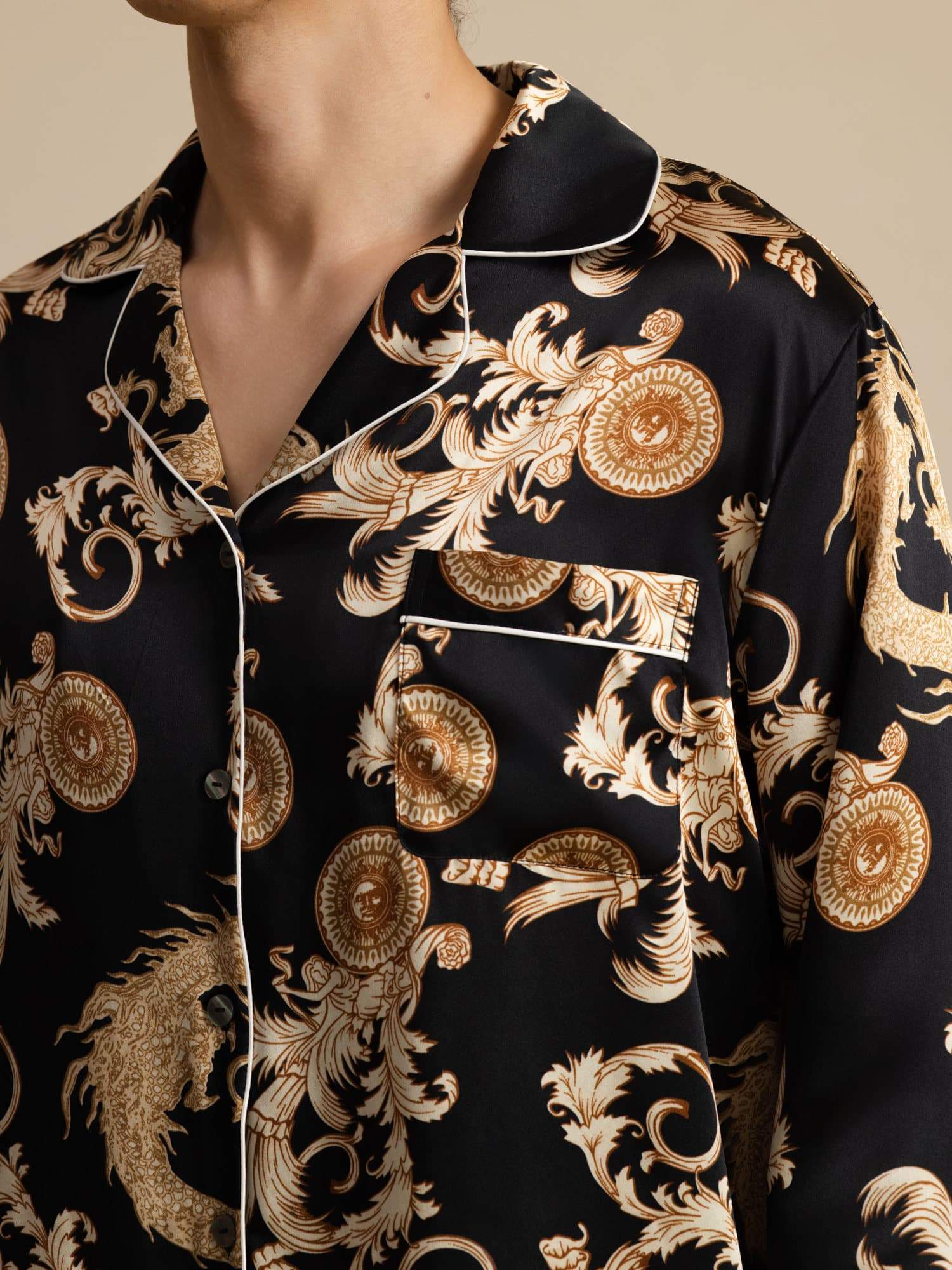 Pure Soie Homme Imprimé Dragon Manches Longues Col Cranté Ensemble Pyjama - Image 12