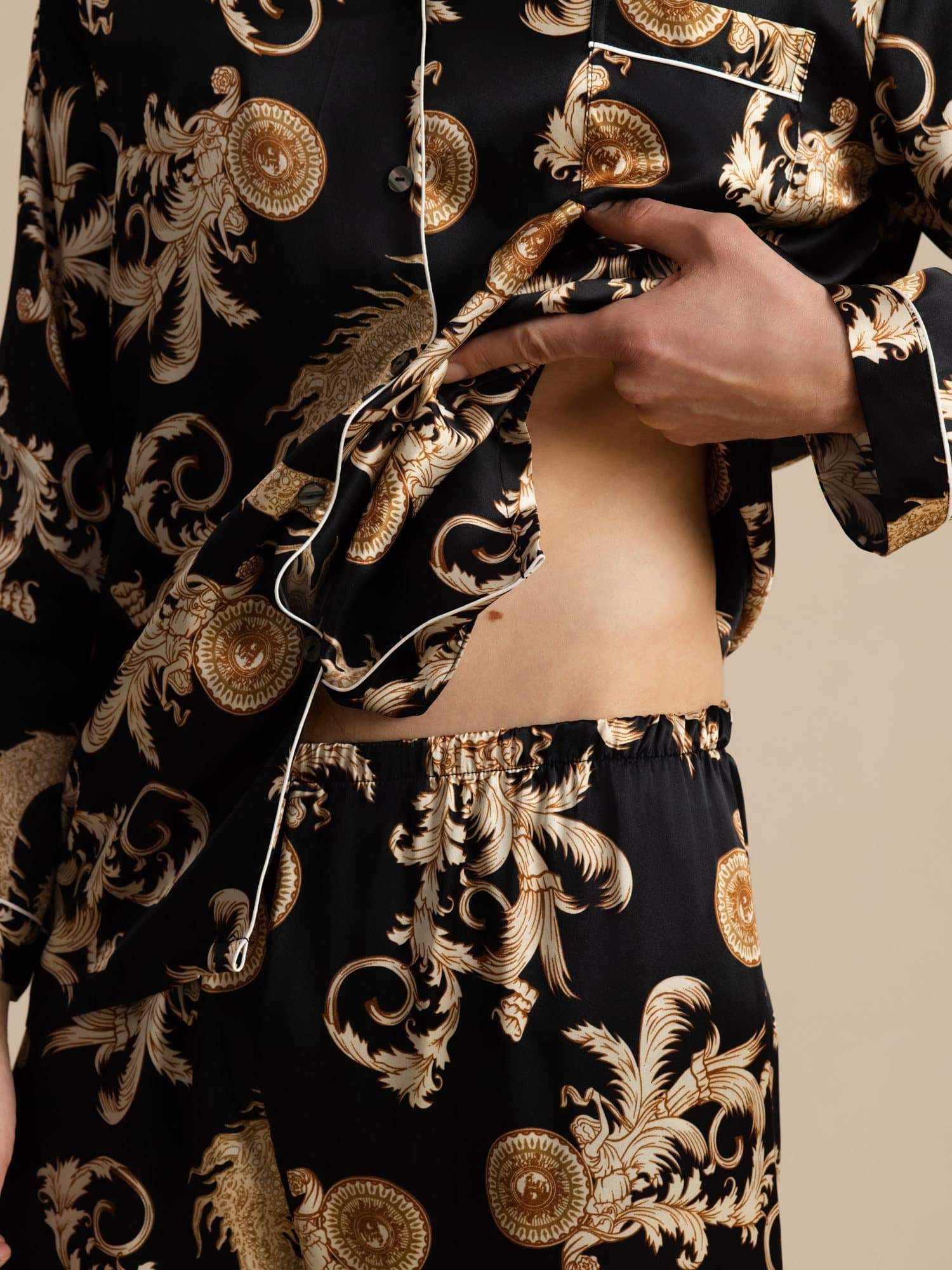 Pure Soie Homme Imprimé Dragon Manches Longues Col Cranté Ensemble Pyjama - Image 13
