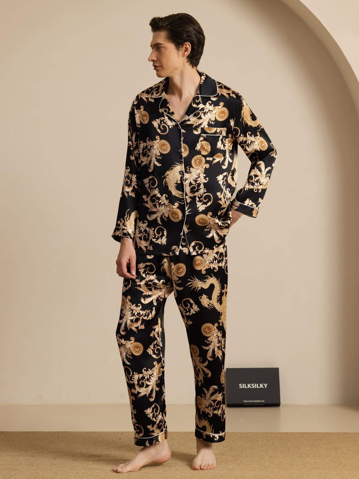 Pure Soie Homme Imprimé Dragon Manches Longues Col Cranté Ensemble Pyjama - Image 14