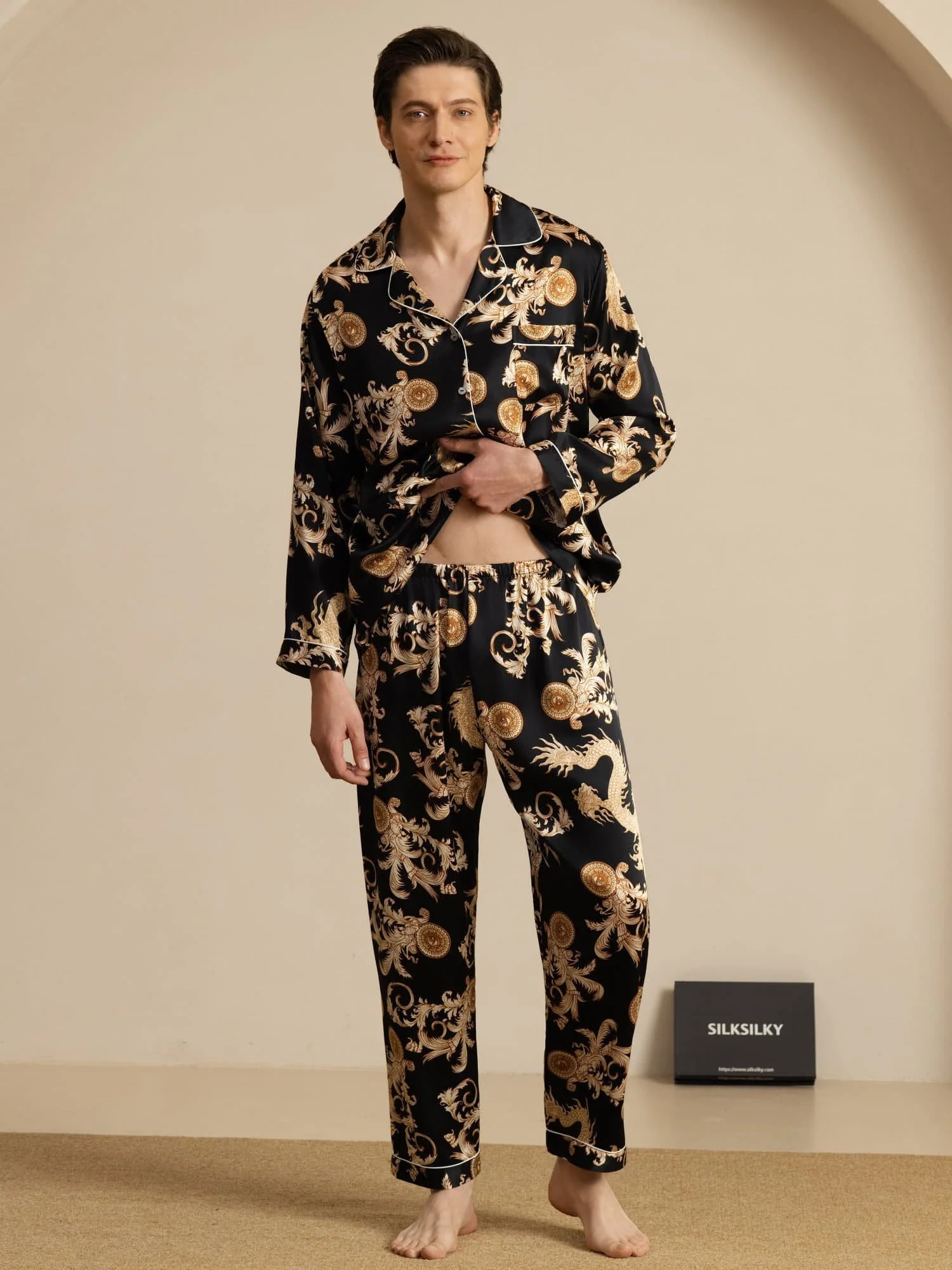 Pure Soie Homme Imprimé Dragon Manches Longues Col Cranté Ensemble Pyjama - Image 15