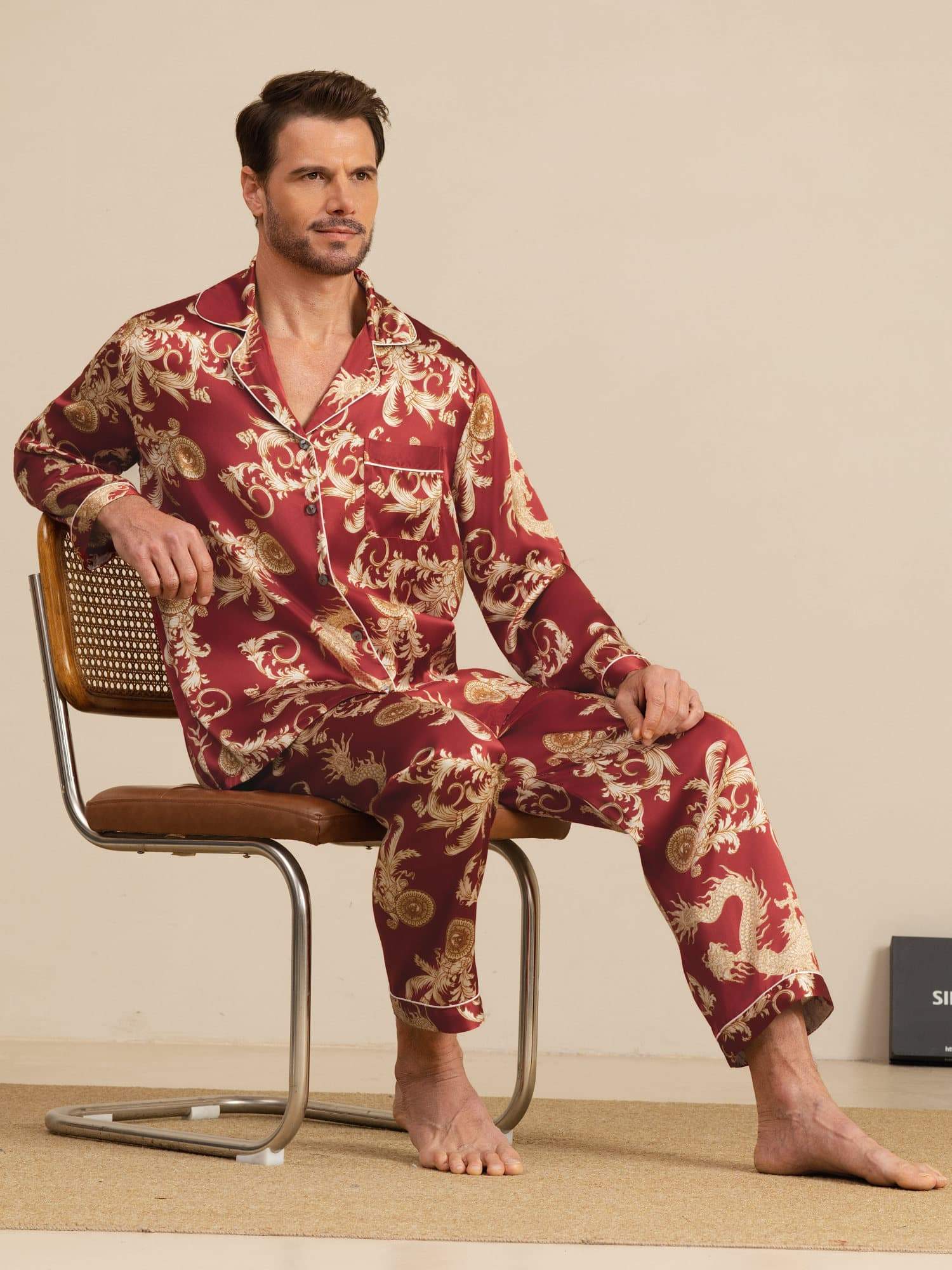 Pure Soie Homme Imprimé Dragon Manches Longues Col Cranté Ensemble Pyjama - Image 16