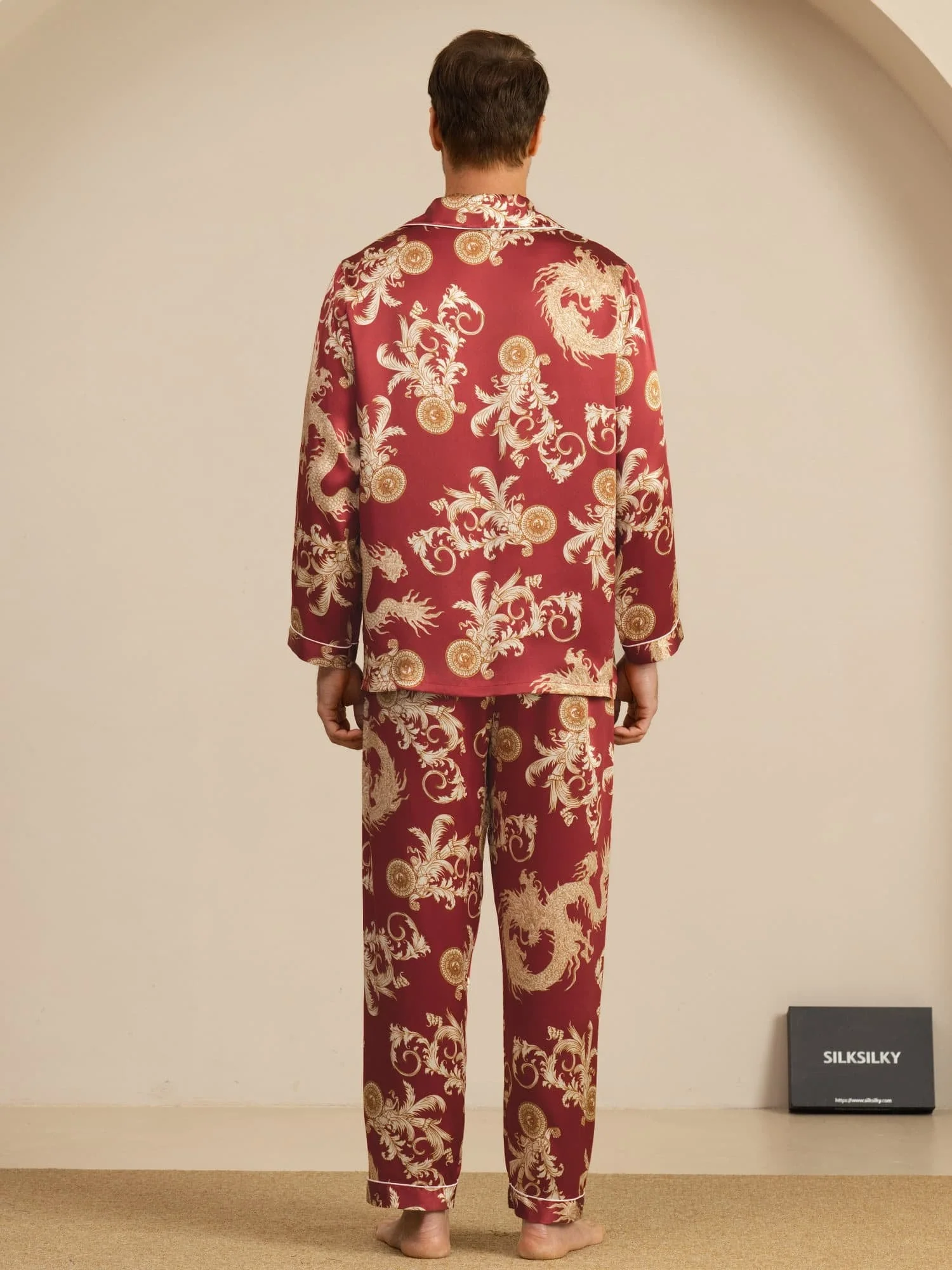 Pure Soie Homme Imprimé Dragon Manches Longues Col Cranté Ensemble Pyjama - Image 17