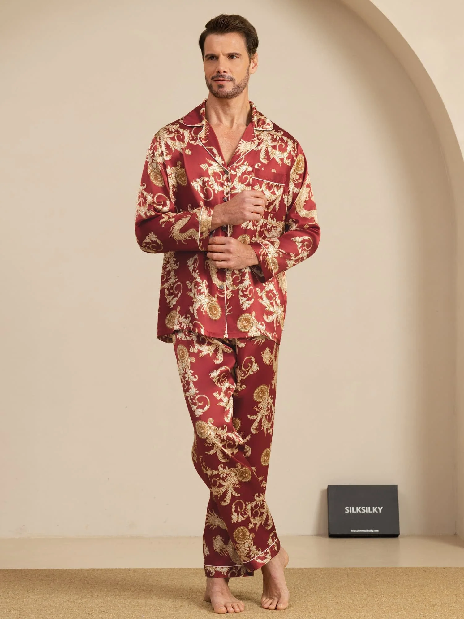 Pure Soie Homme Imprimé Dragon Manches Longues Col Cranté Ensemble Pyjama - Image 18